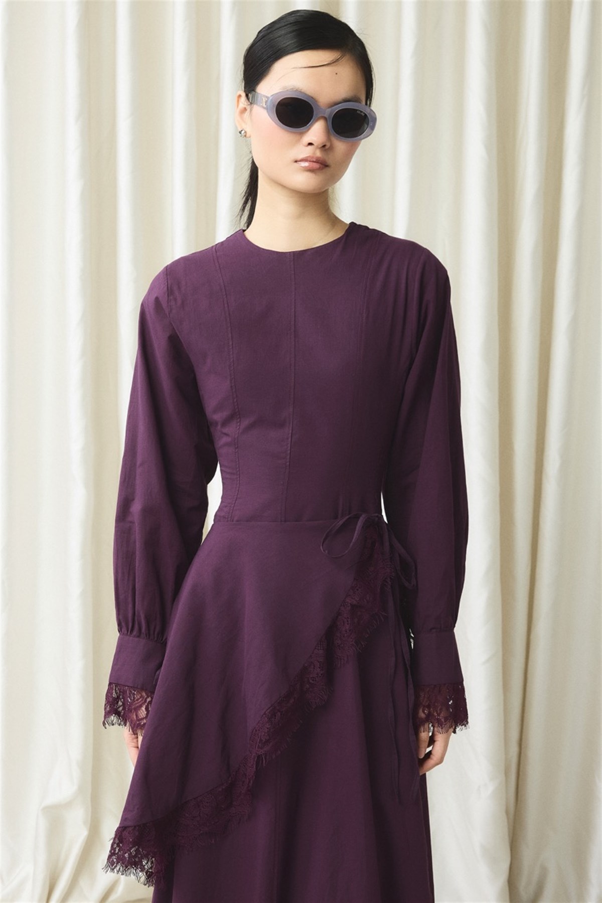 Belden Bağlama Detaylı Vual Elbise - Mürdüm