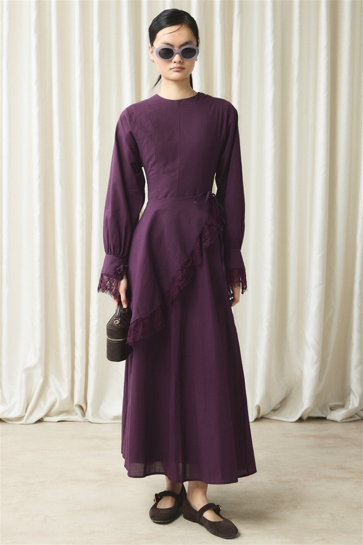 Belden Bağlama Detaylı Vual Elbise - Mürdüm