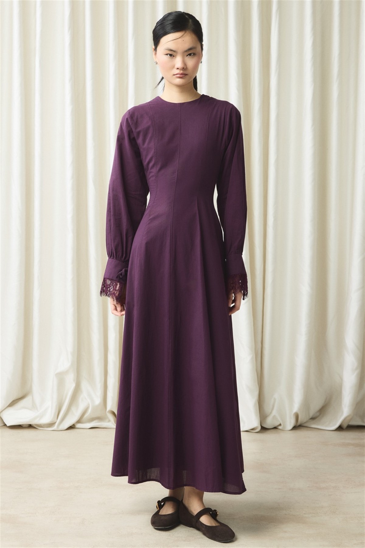 Belden Bağlama Detaylı Vual Elbise - Mürdüm