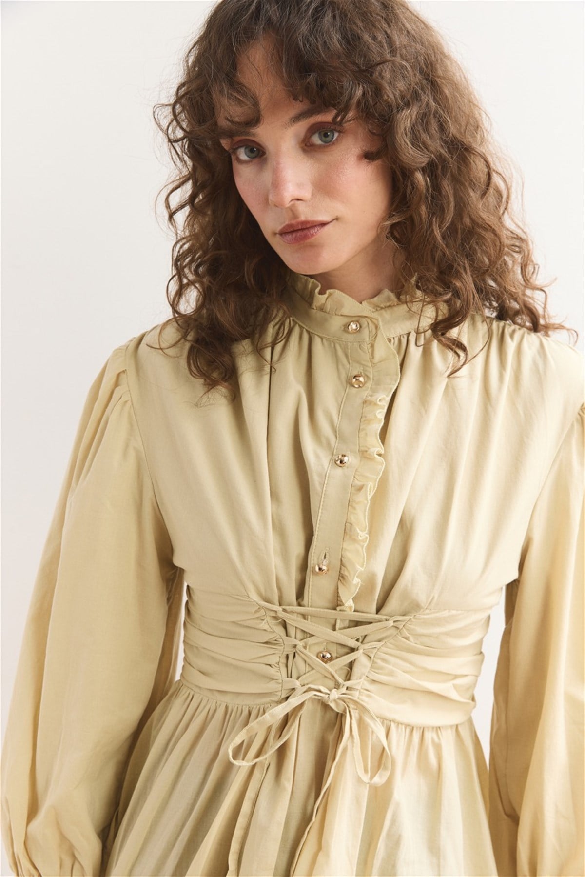 Belden Bağlamalı Pat Fırfırlı Gömlek - Butter Yellow