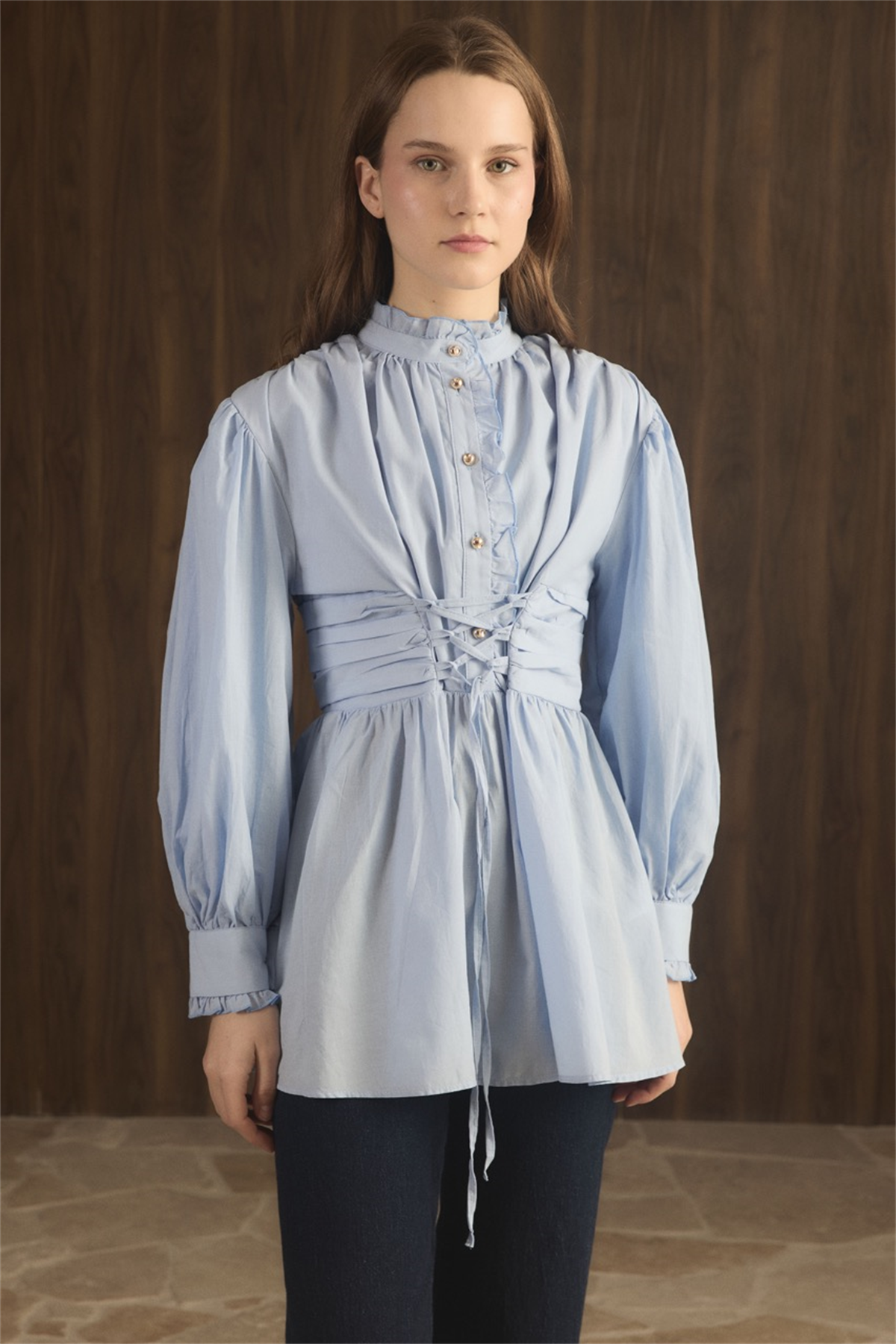 Belden Bağlamalı Pat Fırfırlı Gömlek - Mavi