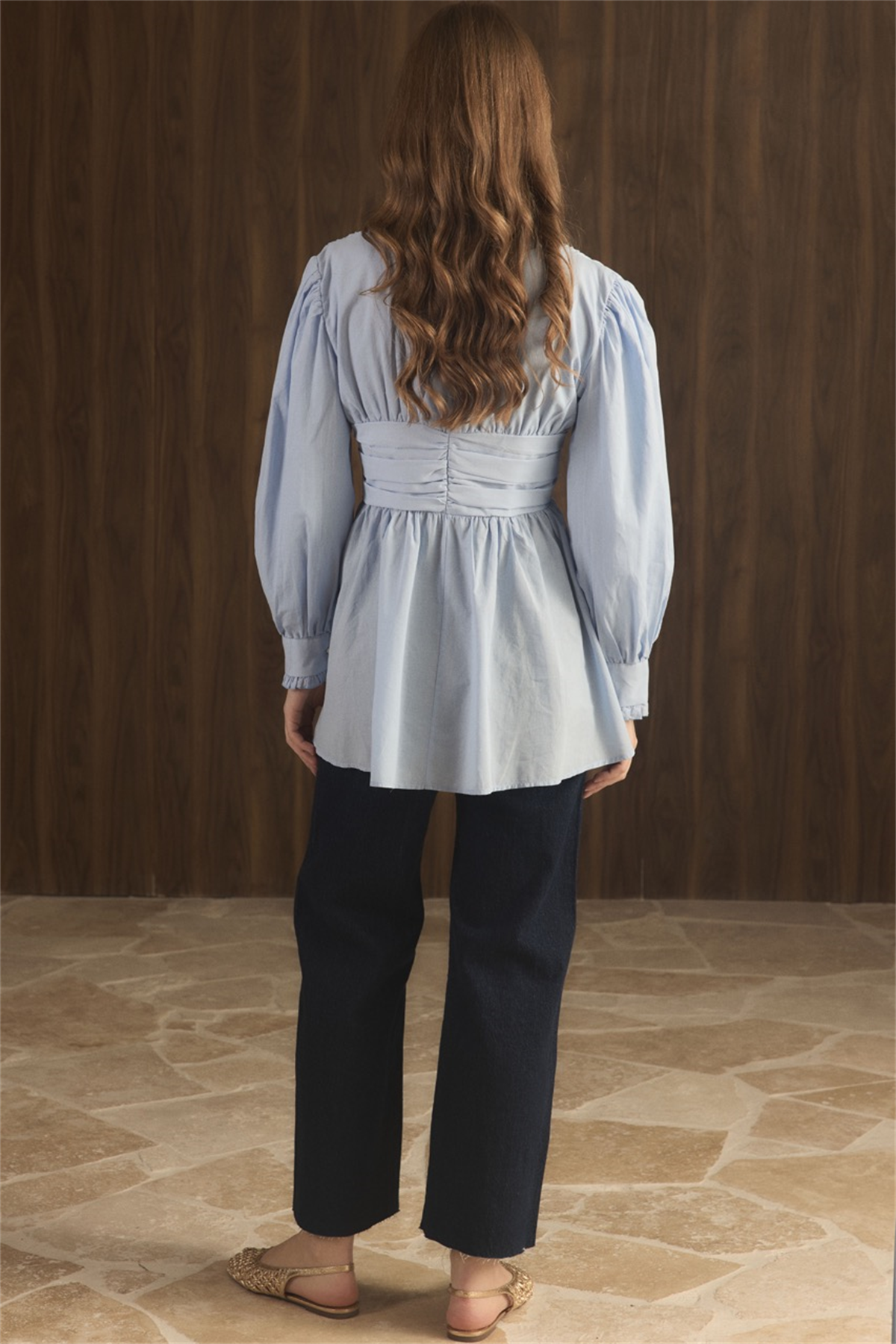 Belden Bağlamalı Pat Fırfırlı Gömlek - Mavi