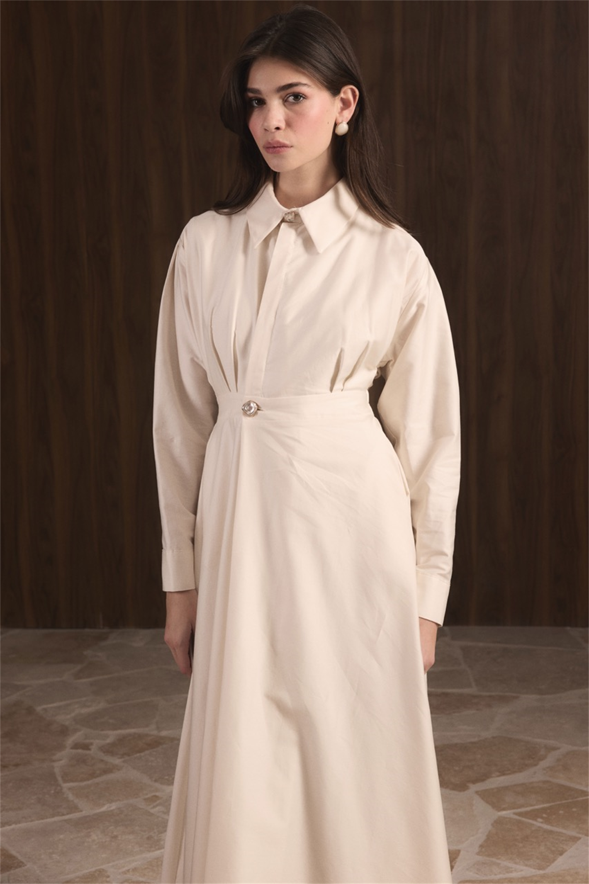 Belden Oturtmalı Compact Saten Elbise - Taş