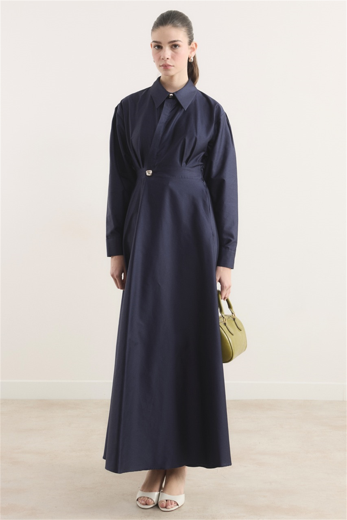 Belden Oturtmalı Compact Saten Elbise - Lacivert