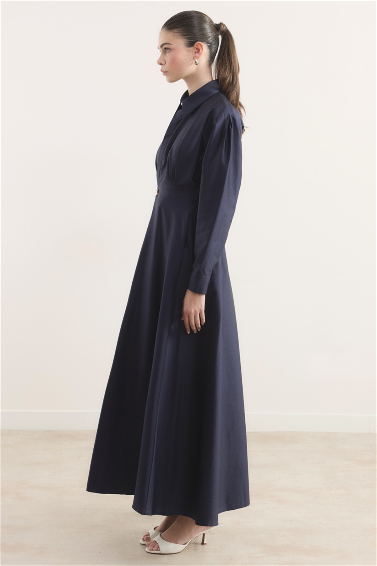 Belden Oturtmalı Compact Saten Elbise - Lacivert