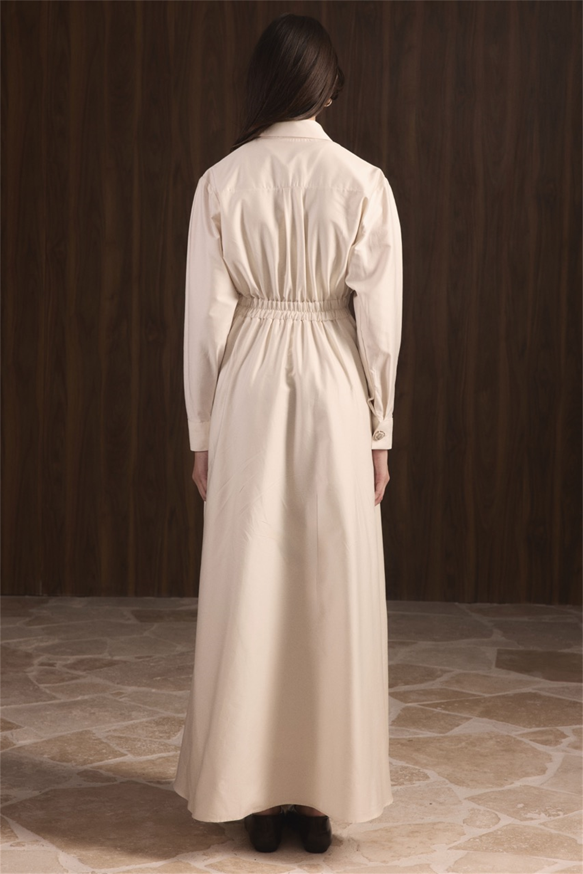 Belden Oturtmalı Compact Saten Elbise - Taş