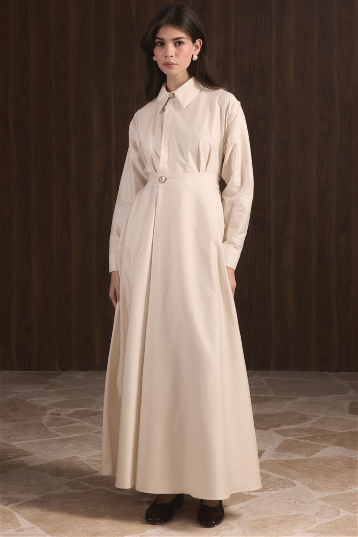 Belden Oturtmalı Compact Saten Elbise - Taş