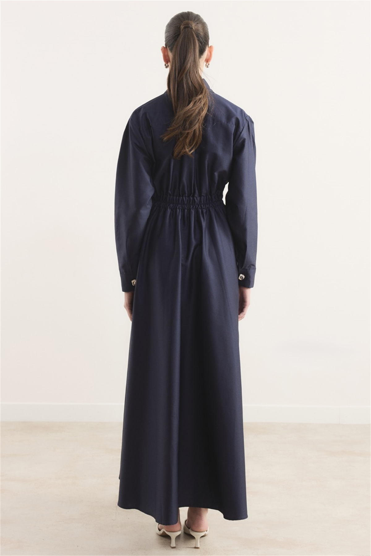 Belden Oturtmalı Compact Saten Elbise - Lacivert