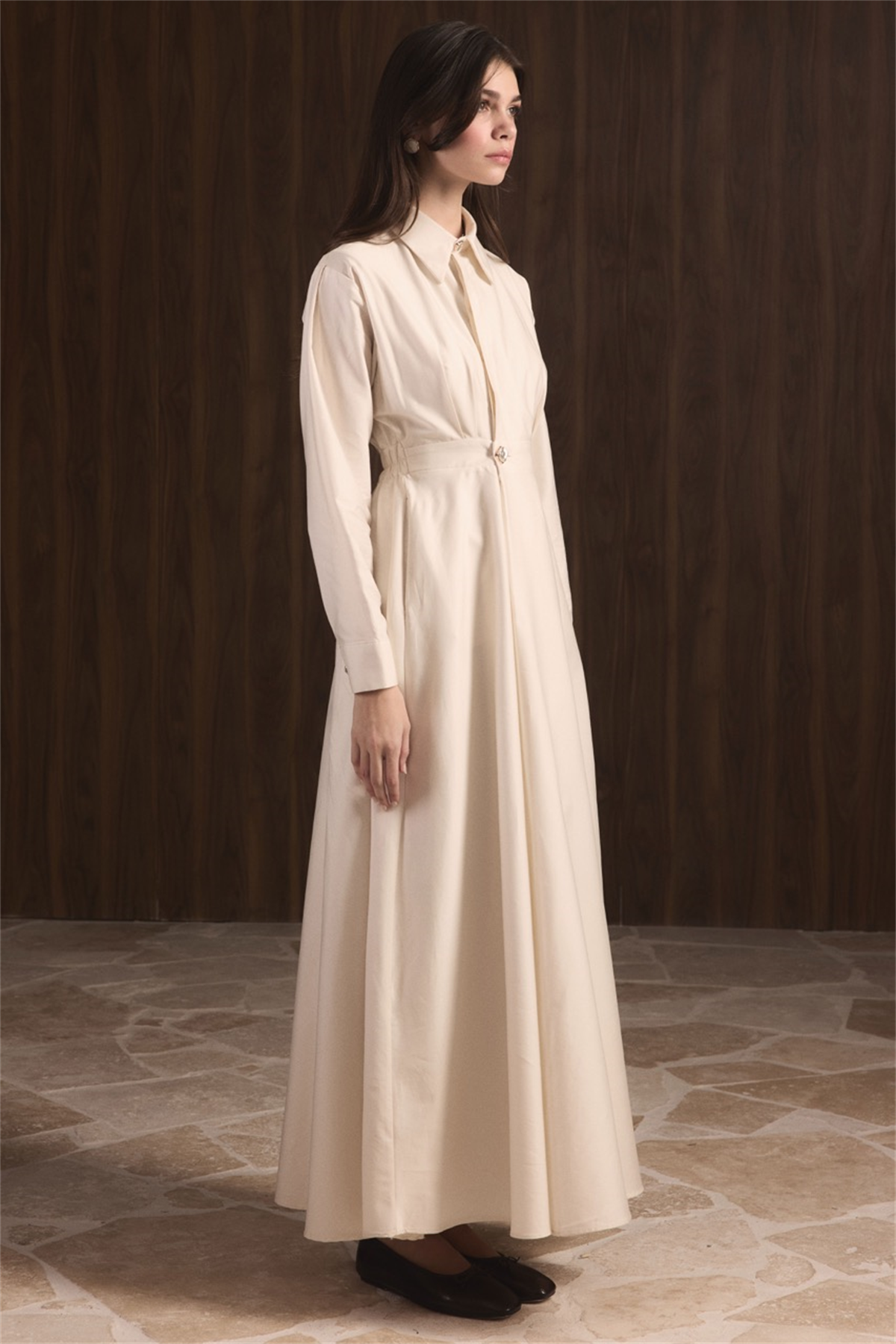 Belden Oturtmalı Compact Saten Elbise - Taş