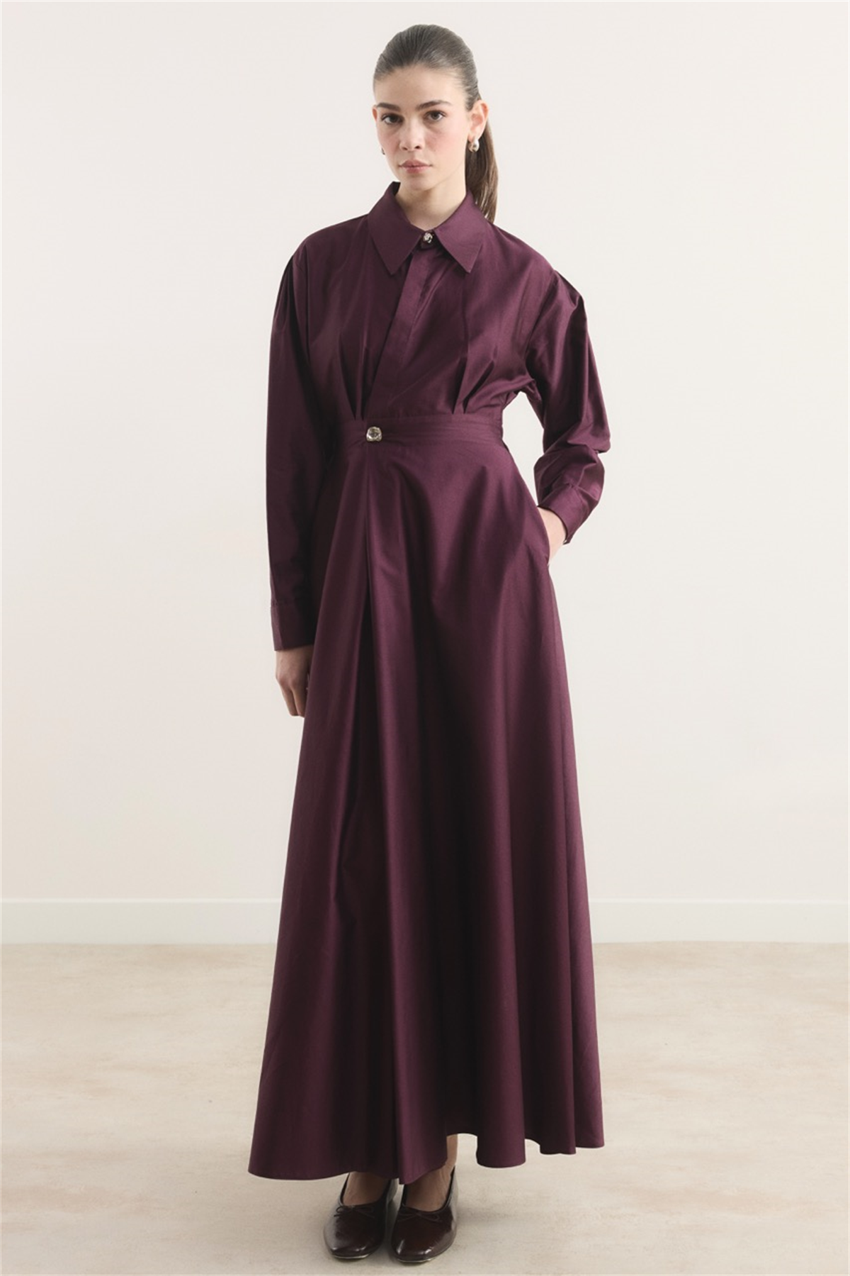 Belden Oturtmalı Compact Saten Elbise - Mürdüm