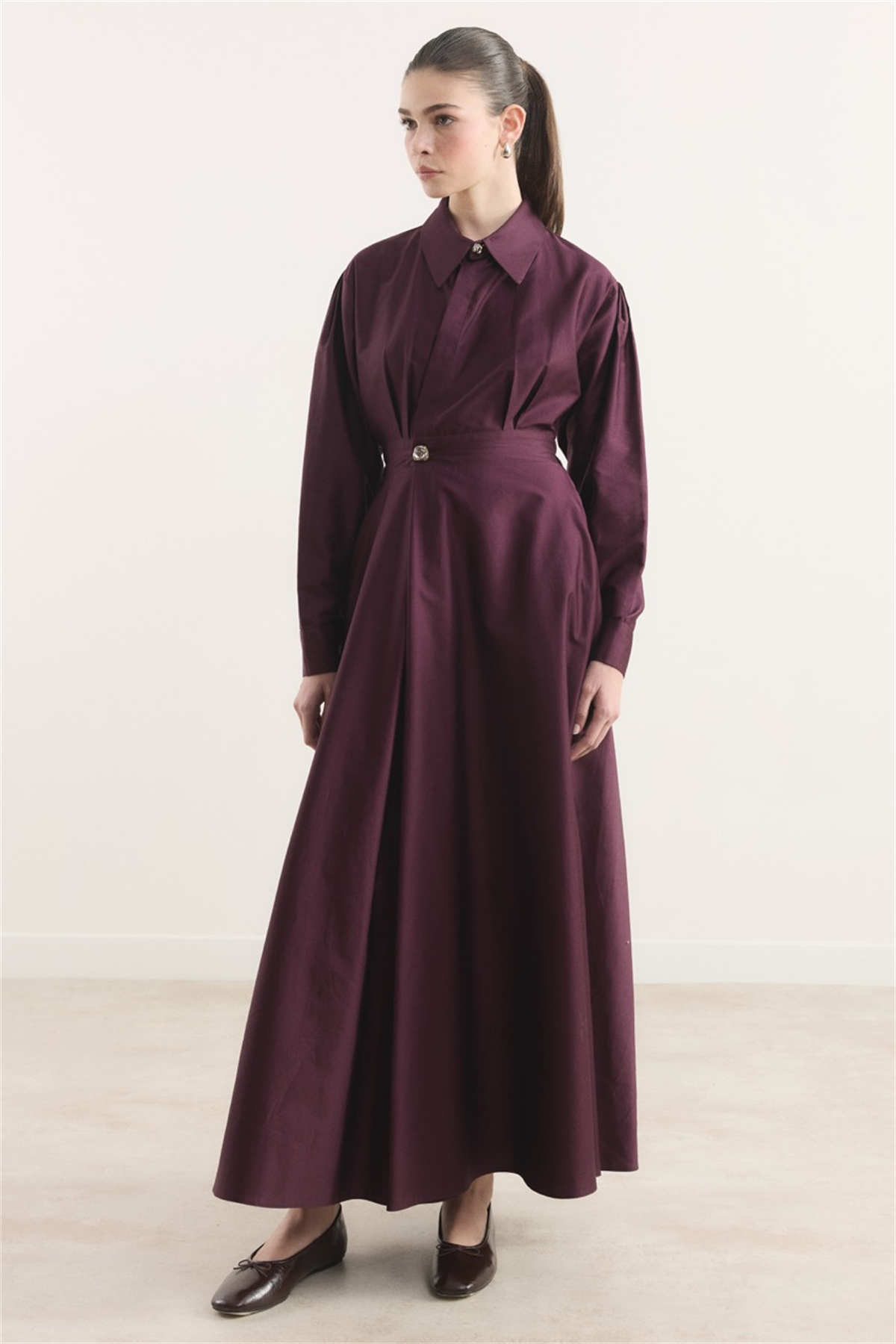 Belden Oturtmalı Compact Saten Elbise - Mürdüm