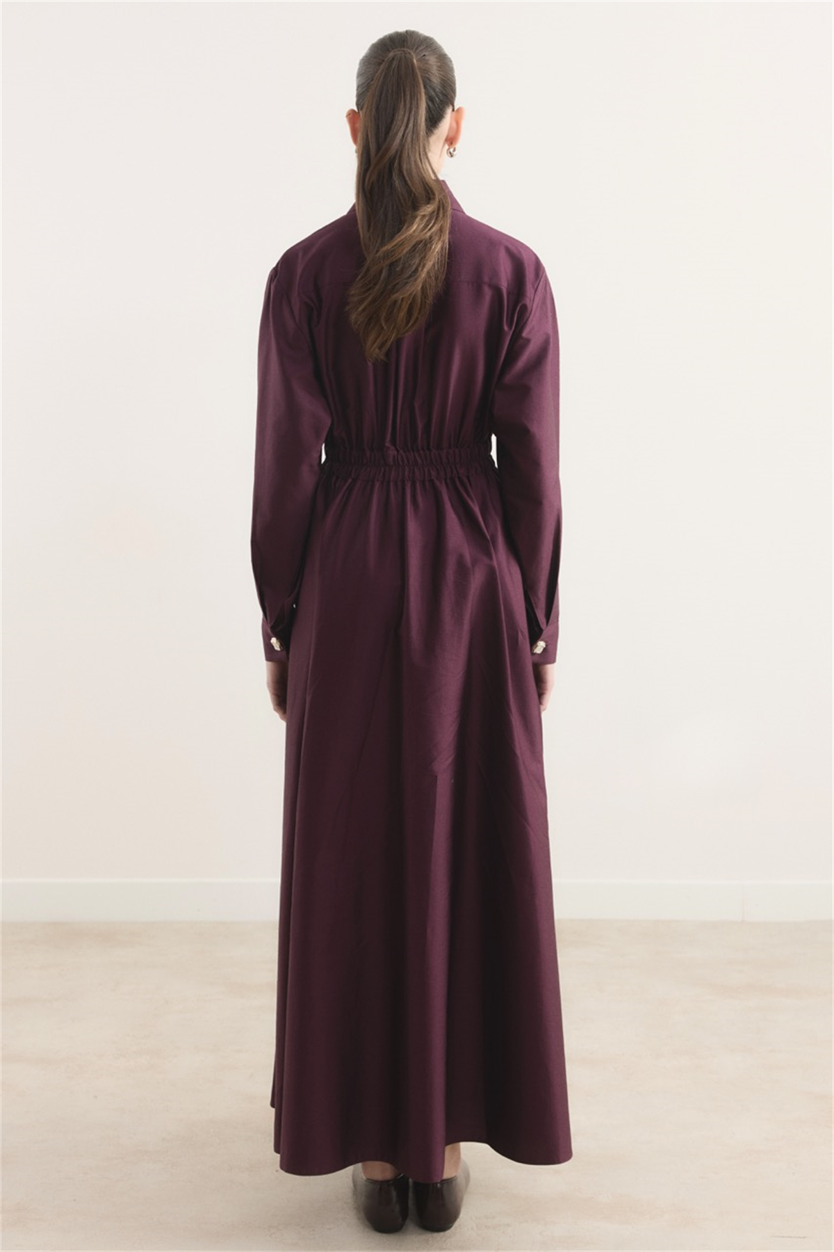 Belden Oturtmalı Compact Saten Elbise - Mürdüm