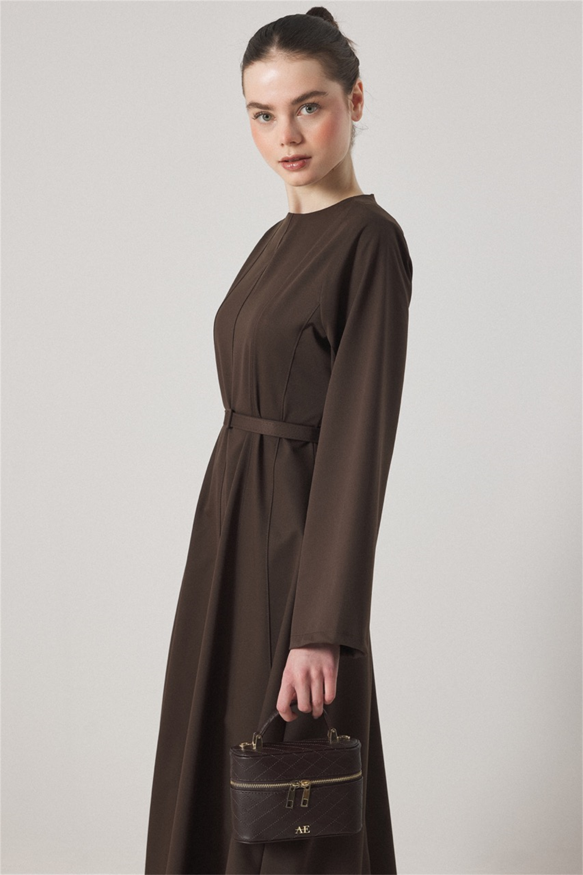 Belden Oturtmalı Kemerli Elbise - Kahve