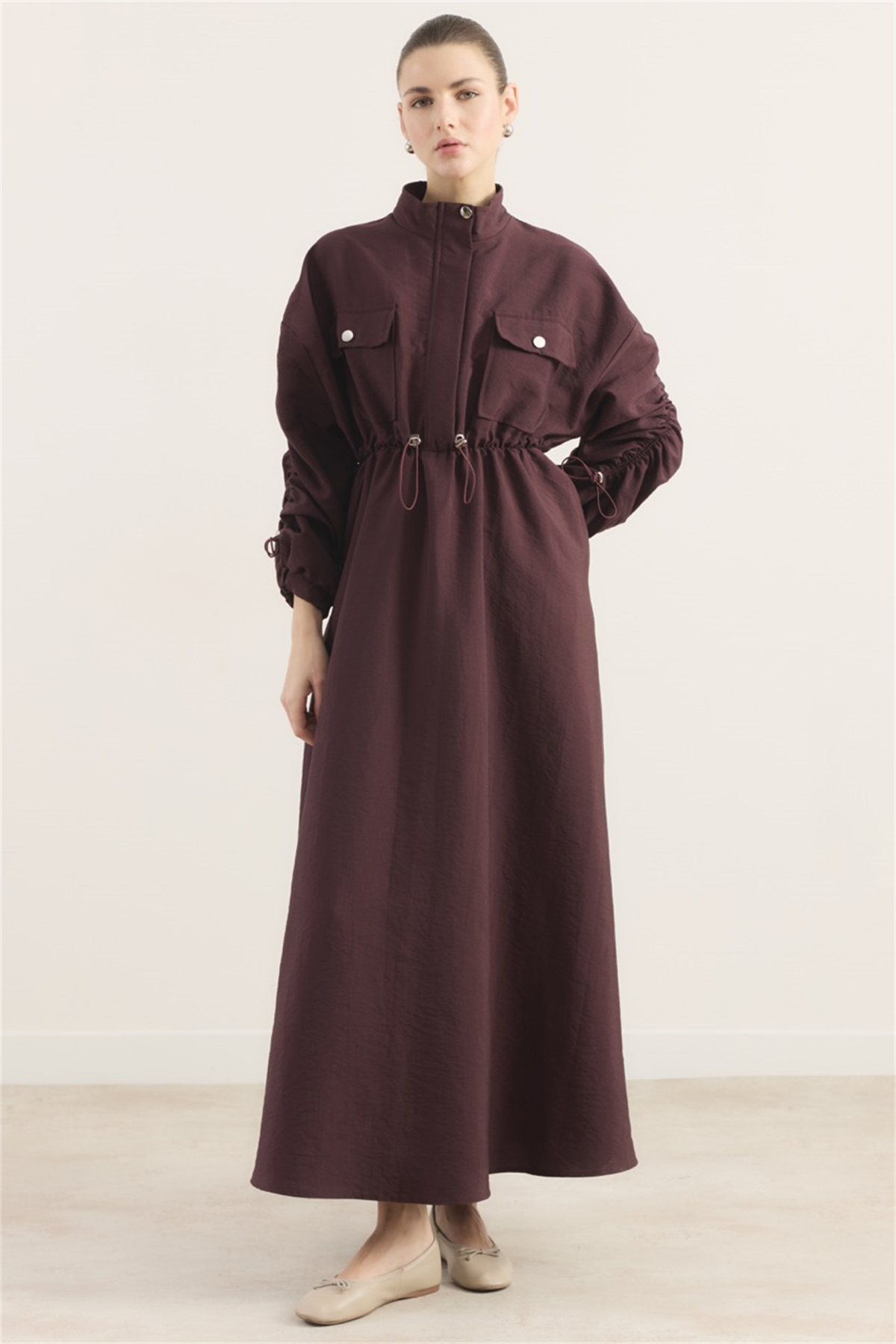 Beli Tünelli Çift Cep Detaylı Elbise - Mürdüm