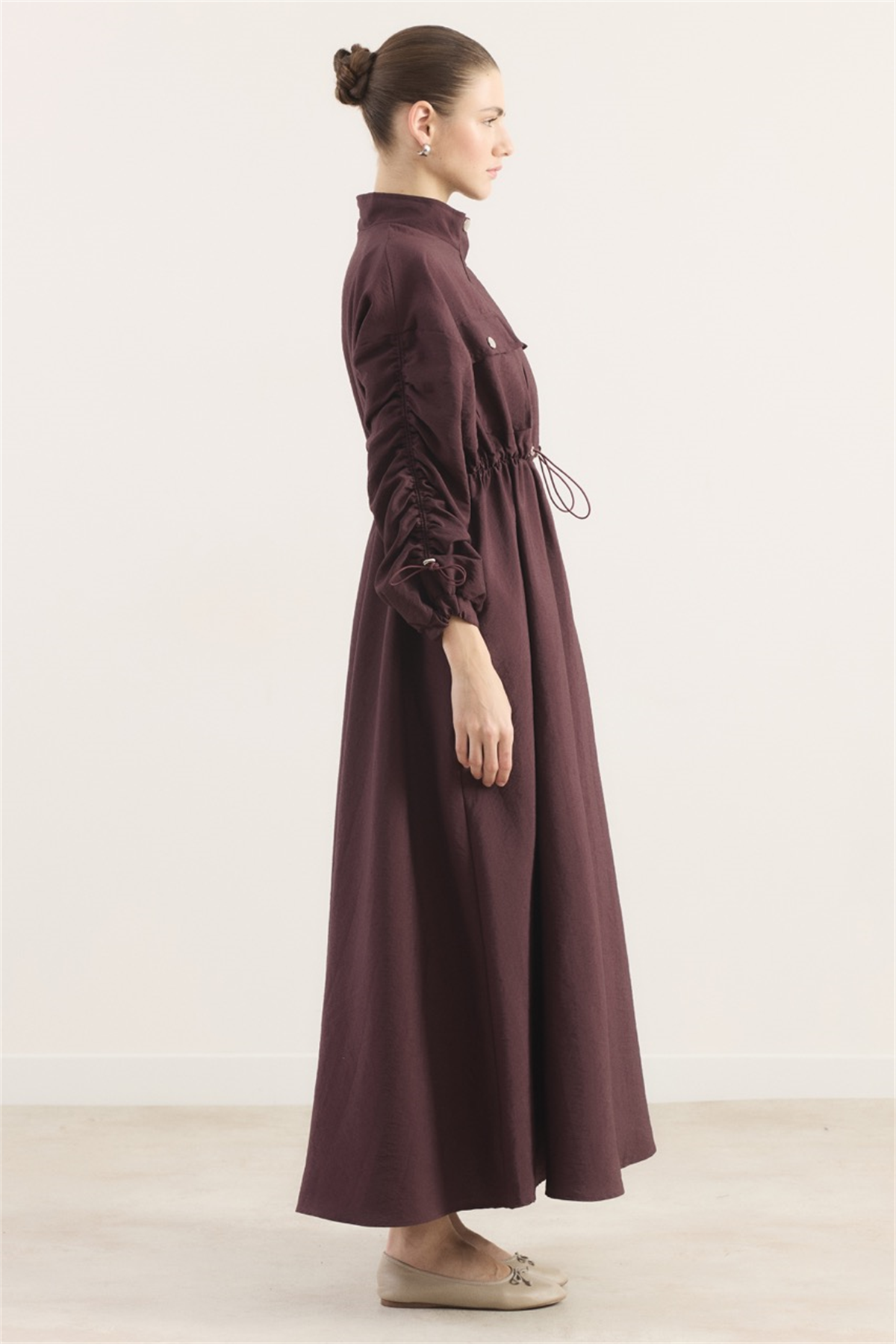 Beli Tünelli Çift Cep Detaylı Elbise - Mürdüm