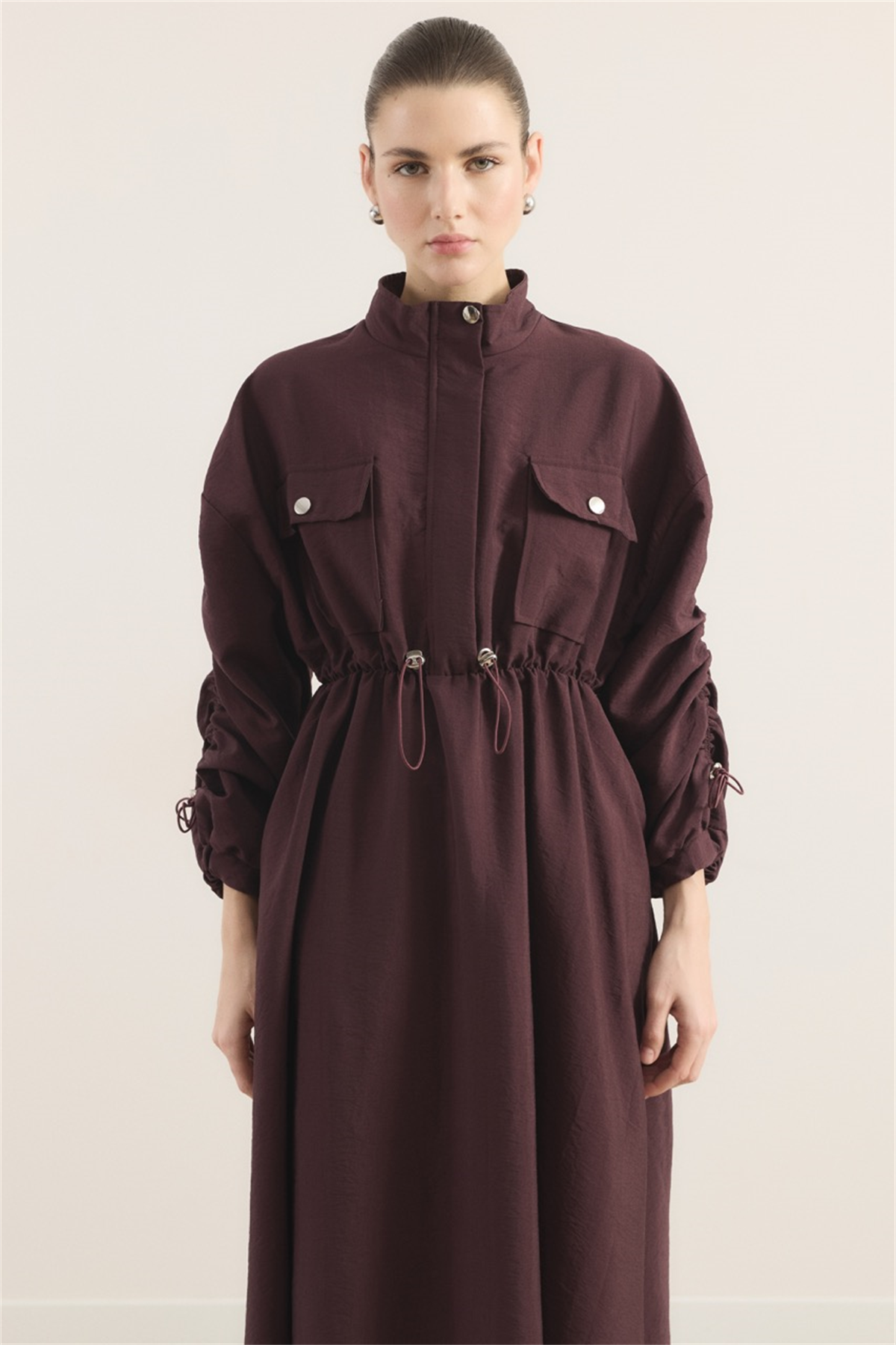 Beli Tünelli Çift Cep Detaylı Elbise - Mürdüm