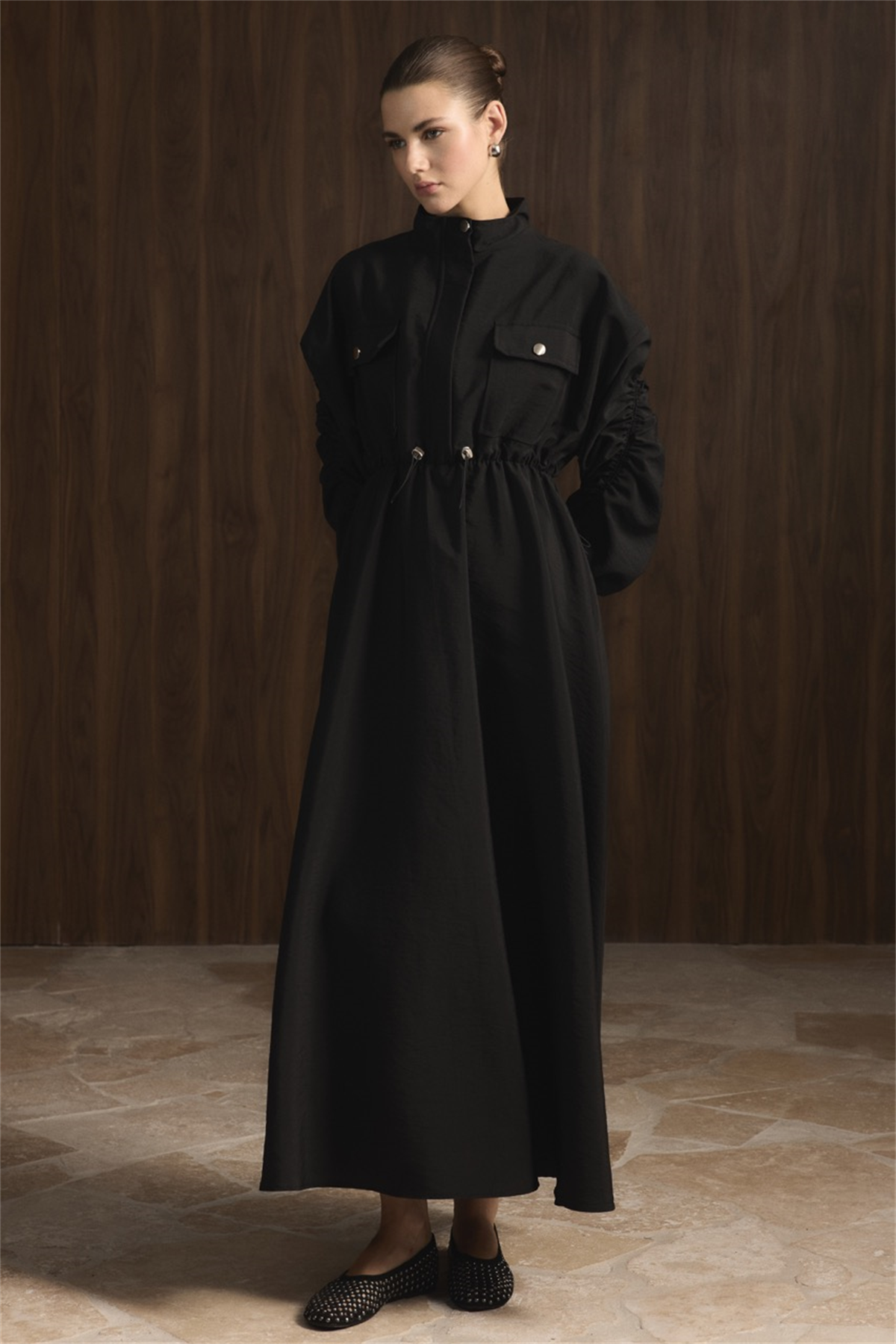 Beli Tünelli Çift Cep Detaylı Elbise - Siyah