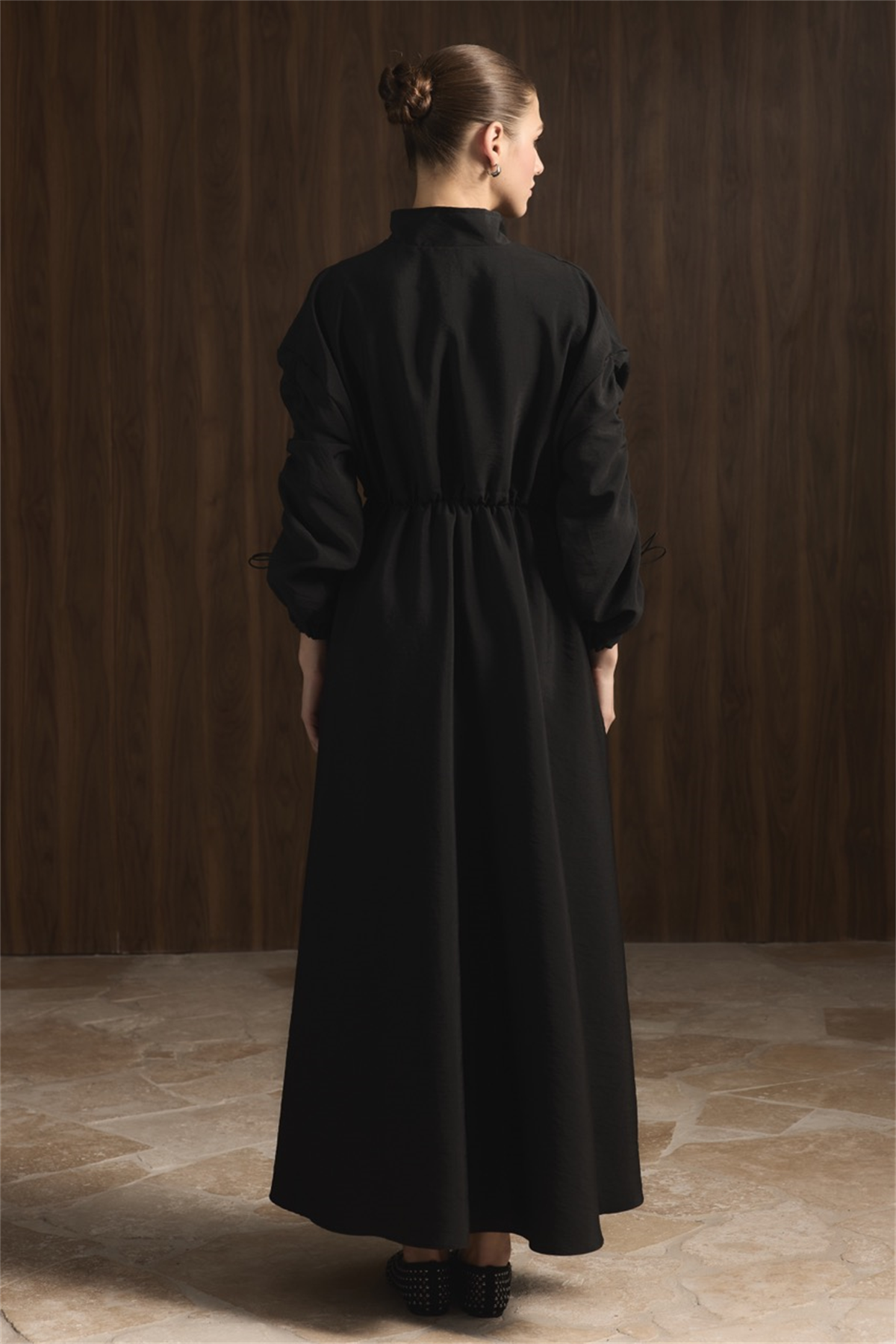 Beli Tünelli Çift Cep Detaylı Elbise - Siyah