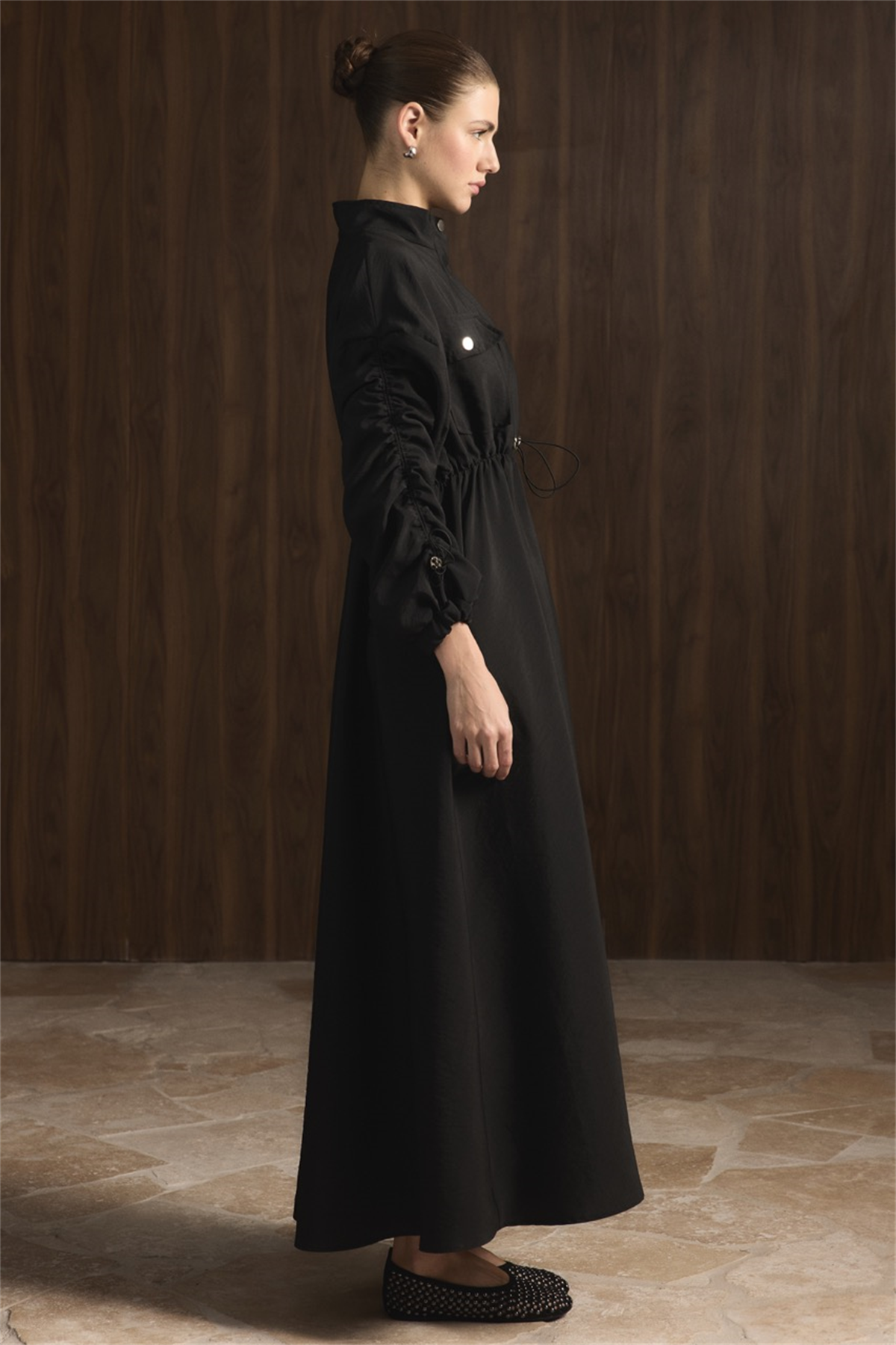 Beli Tünelli Çift Cep Detaylı Elbise - Siyah