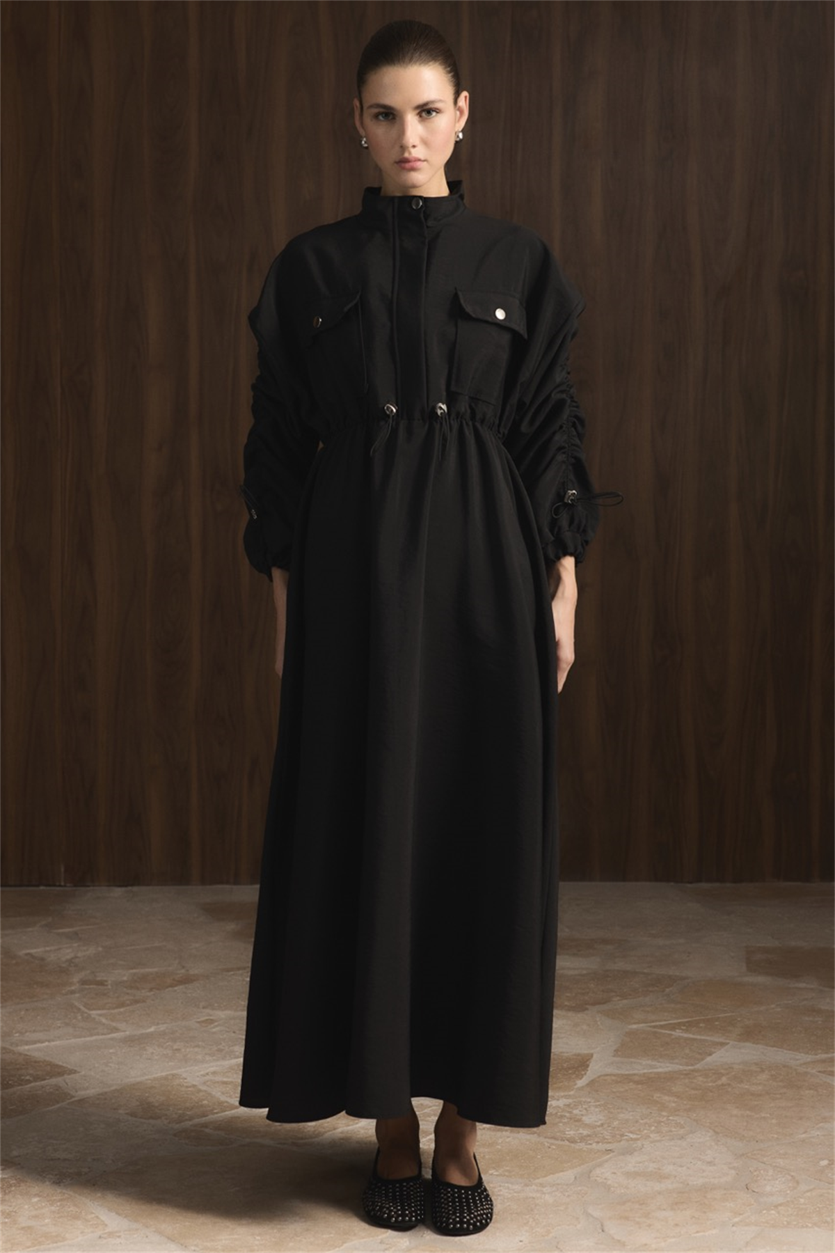 Beli Tünelli Çift Cep Detaylı Elbise - Siyah