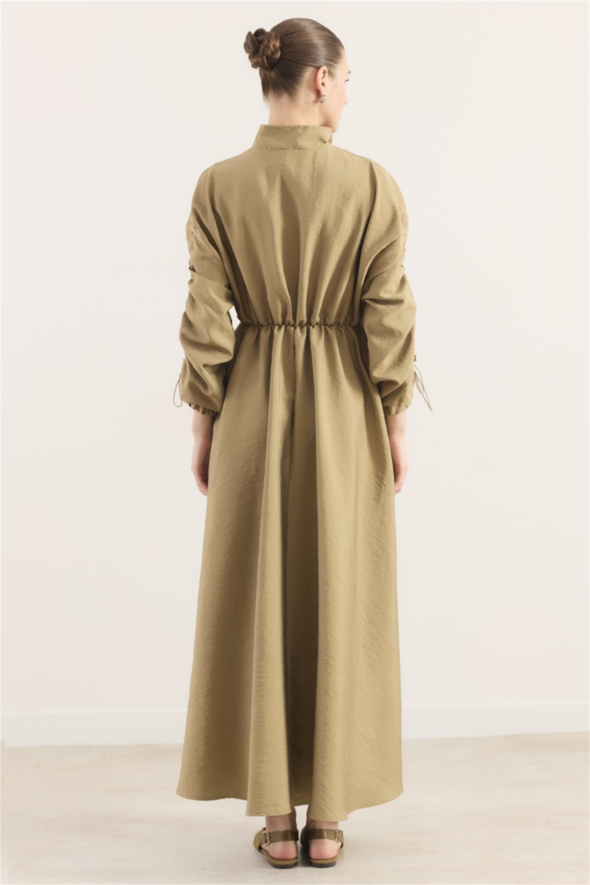 Beli Tünelli Çift Cep Detaylı Elbise - Yağ Yeşili