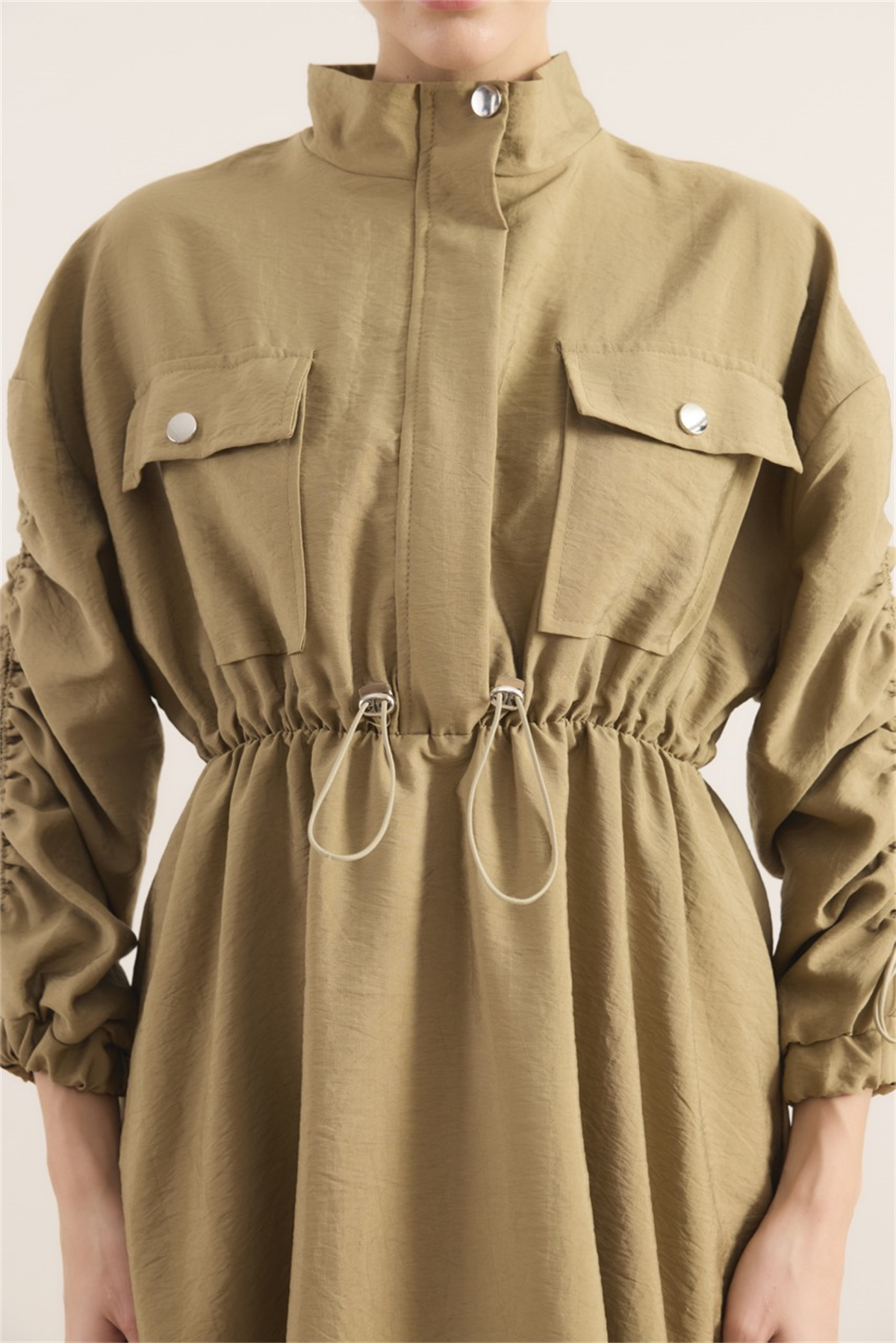 Beli Tünelli Çift Cep Detaylı Elbise - Yağ Yeşili