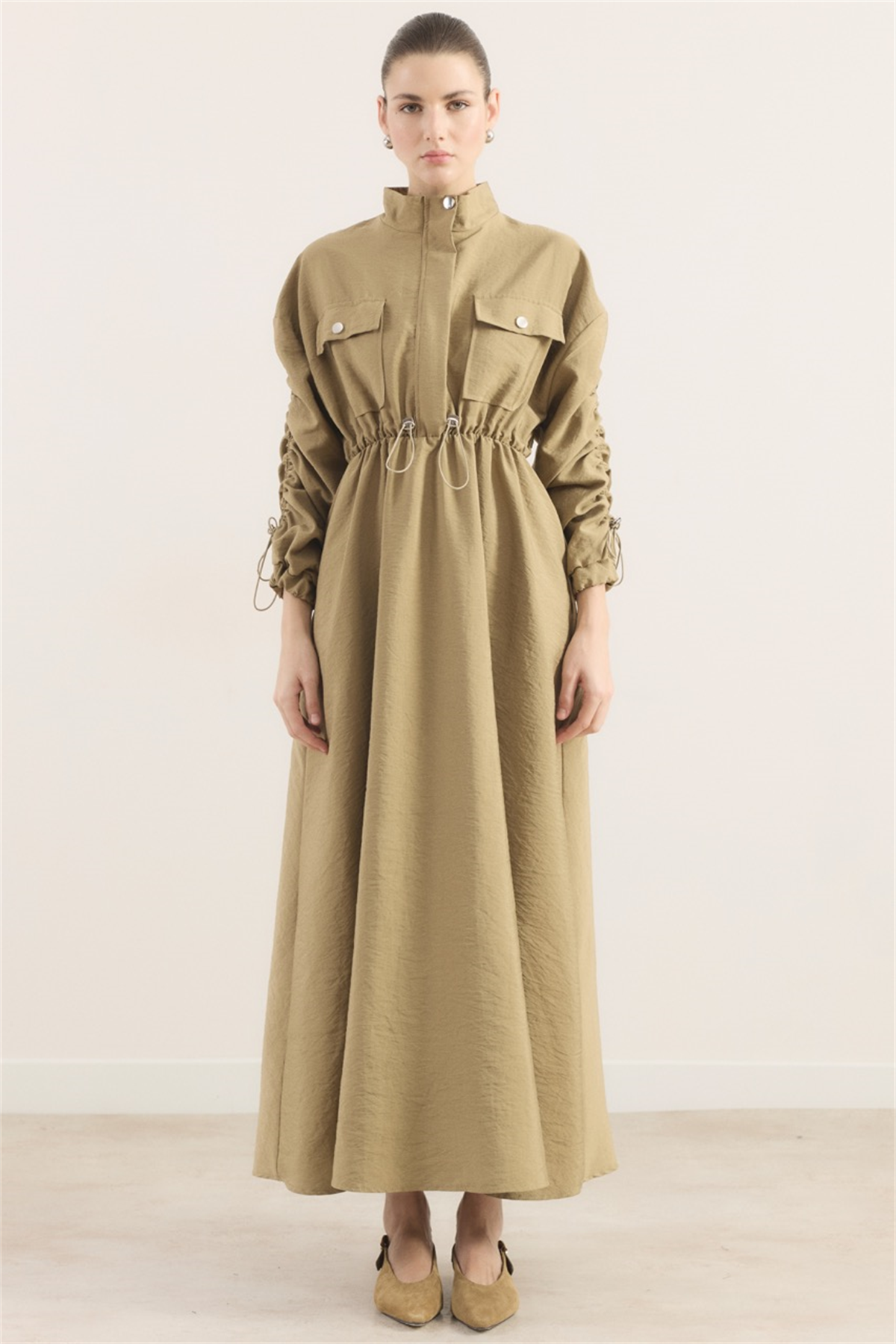 Beli Tünelli Çift Cep Detaylı Elbise - Yağ Yeşili