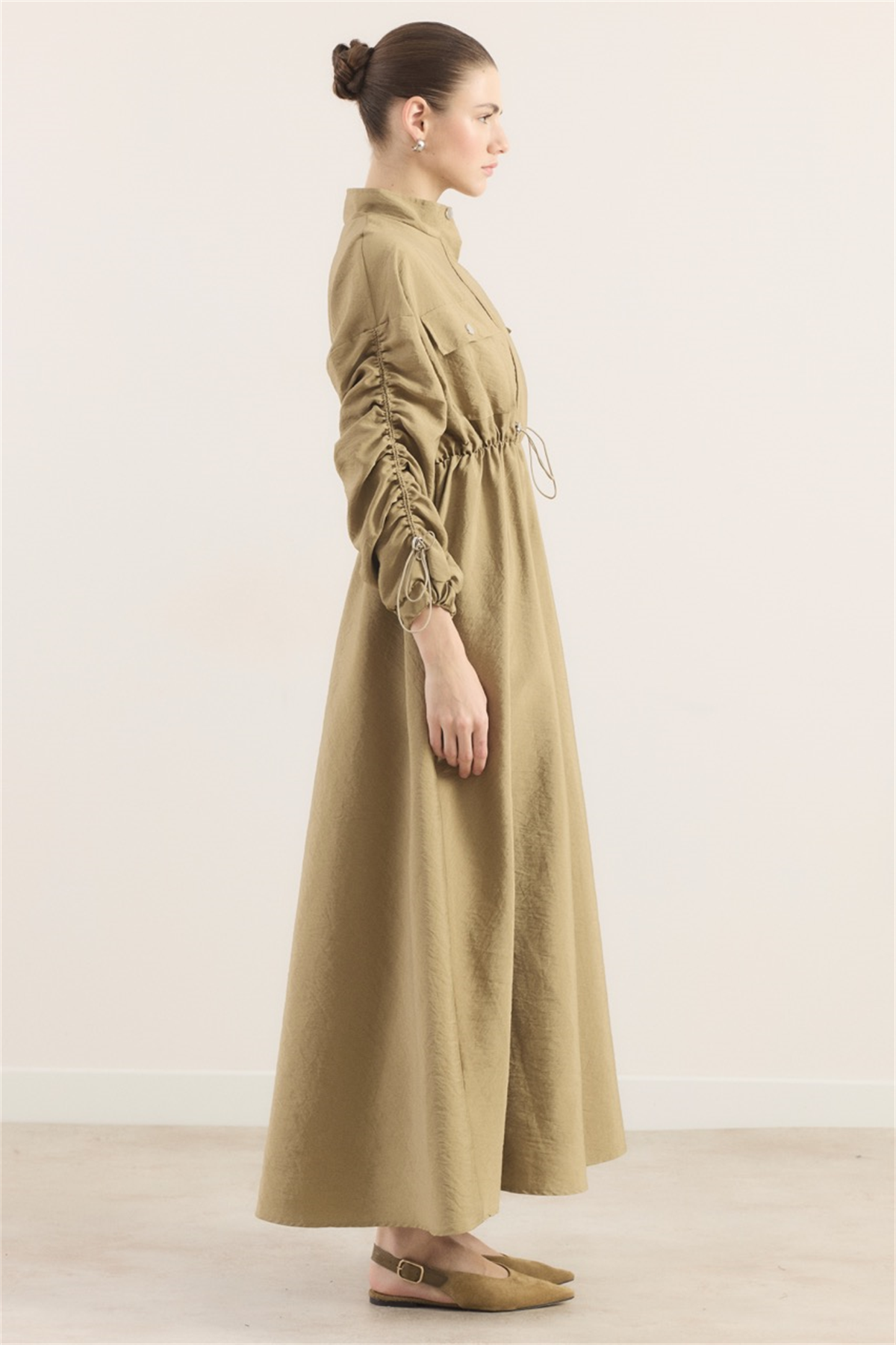 Beli Tünelli Çift Cep Detaylı Elbise - Yağ Yeşili