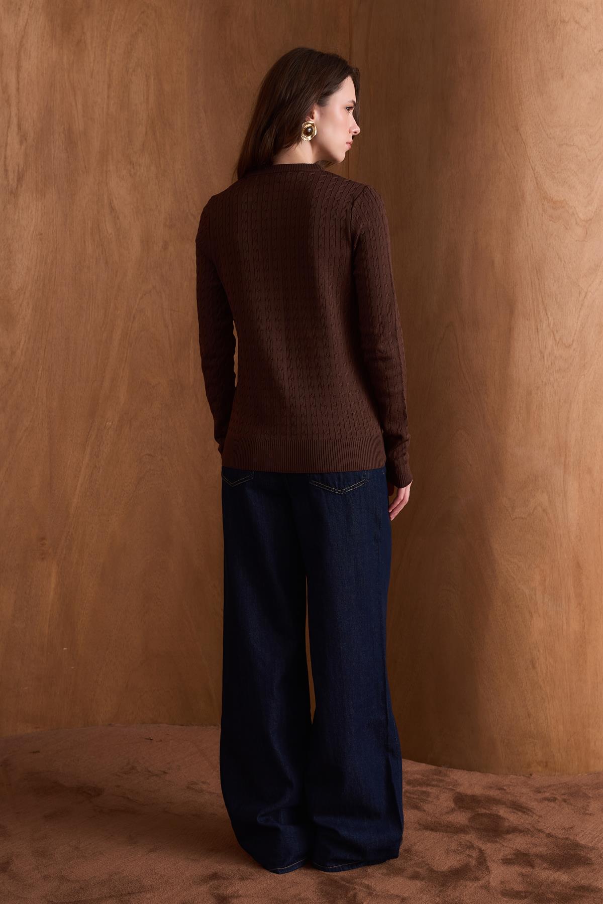 Bella Gold Düğmeli Triko Hırka - Acı Kahve