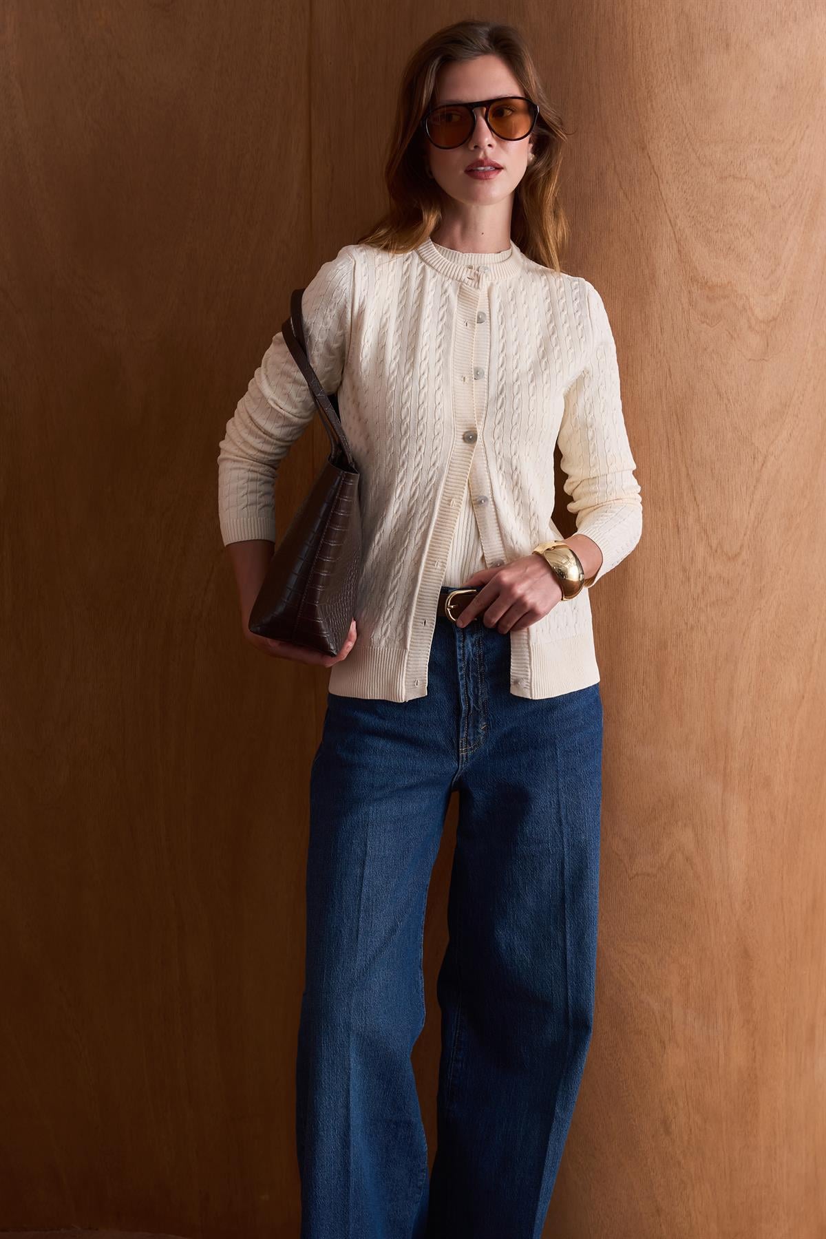 Bella Gold Düğmeli Triko Hırka - Bej