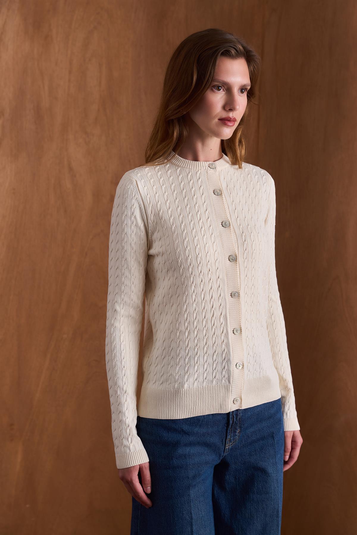 Bella Gold Düğmeli Triko Hırka - Bej