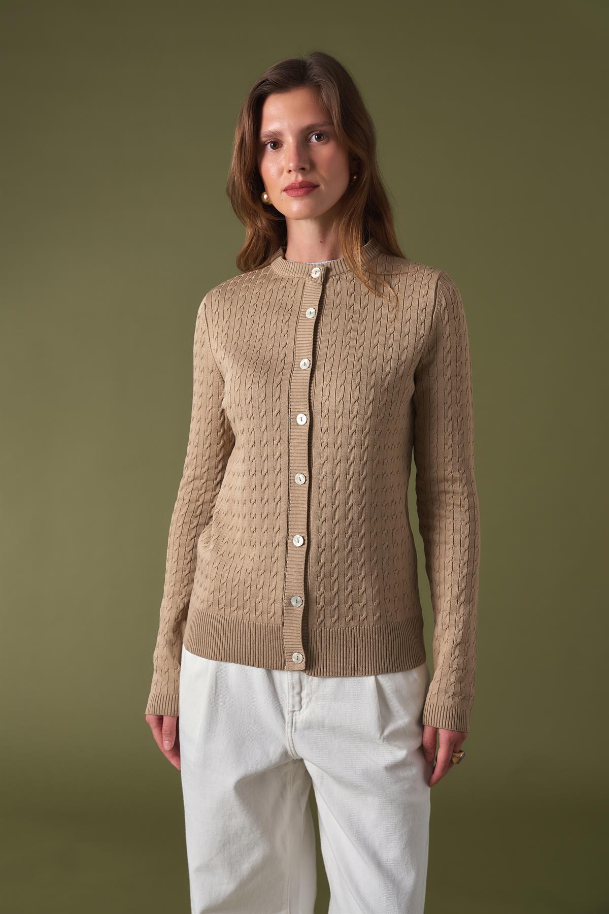 Bella Gold Düğmeli Triko Hırka - Mocha