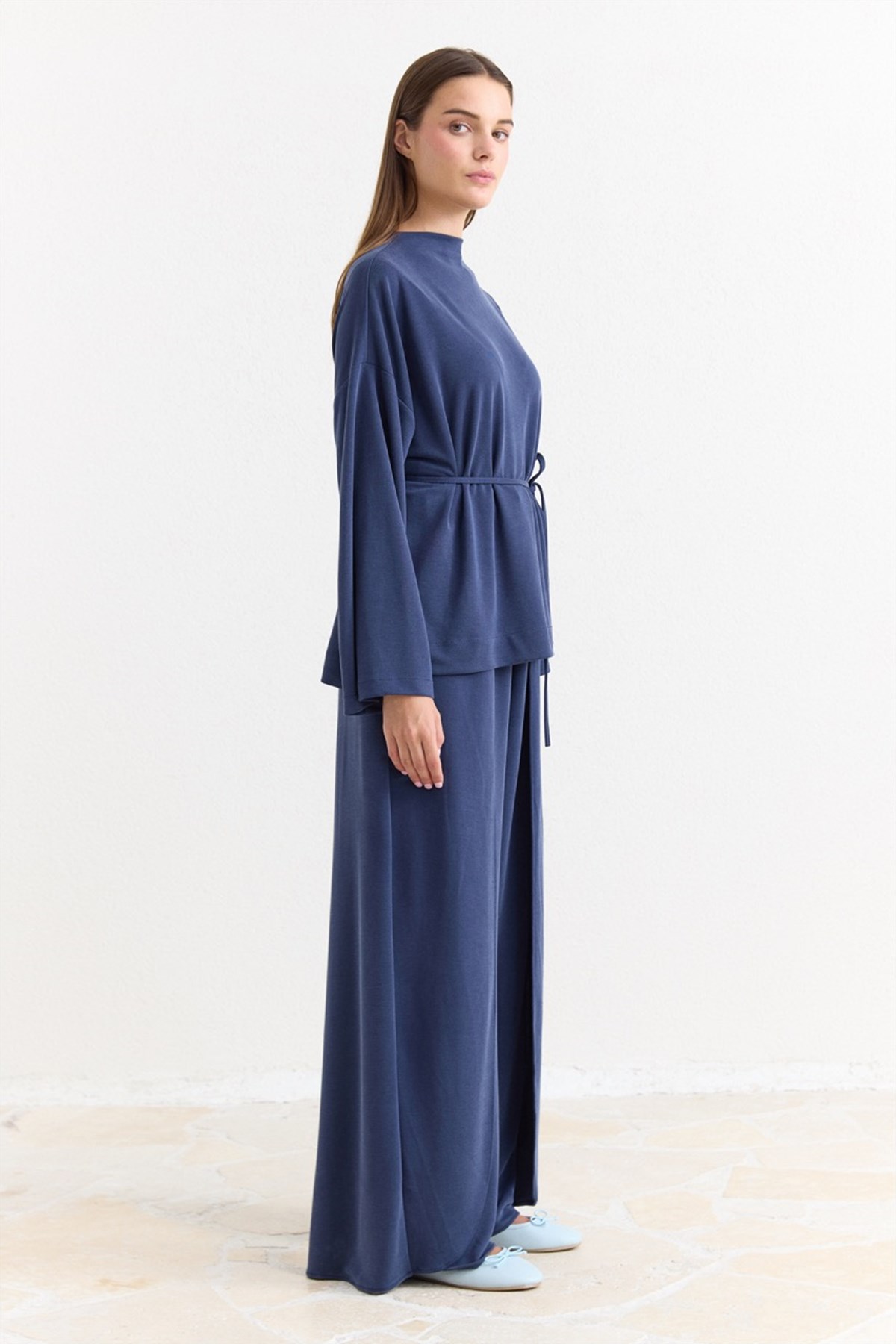 Biye Kuşaklı Basic Pantolonlu Takım - Lacivert