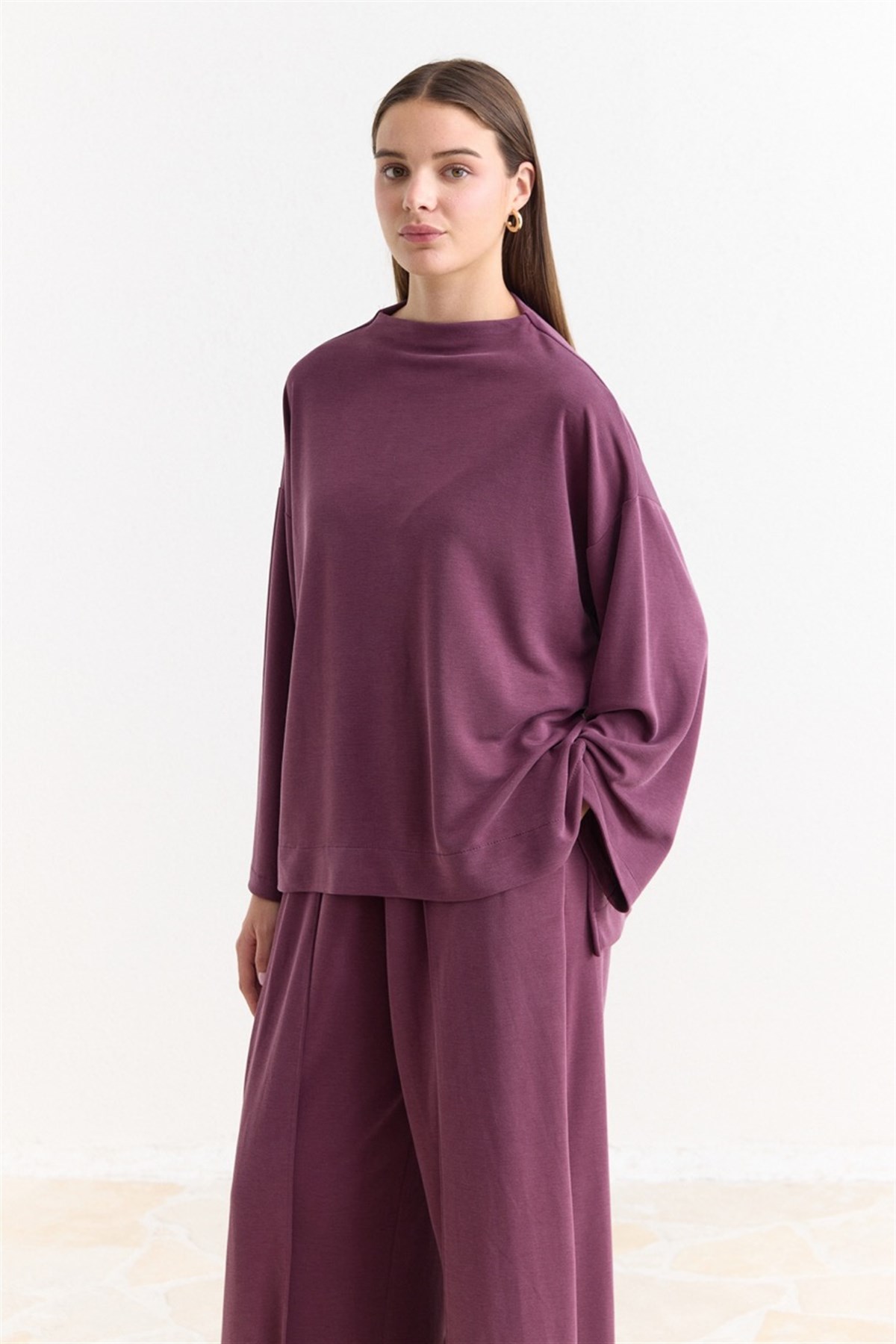 Biye Kuşaklı Basic Pantolonlu Takım - Mürdüm