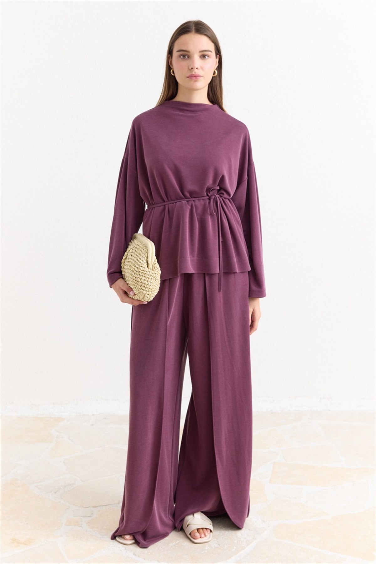 Biye Kuşaklı Basic Pantolonlu Takım - Mürdüm