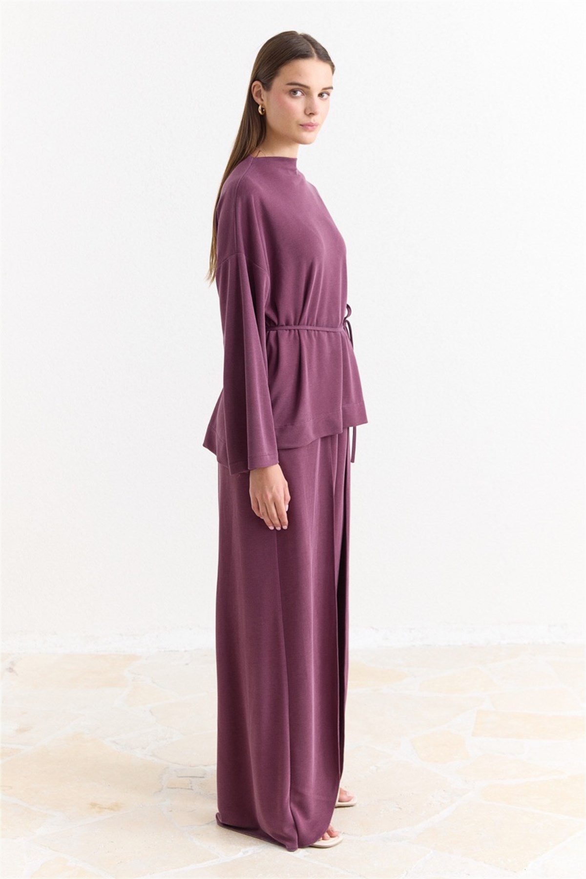 Biye Kuşaklı Basic Pantolonlu Takım - Mürdüm