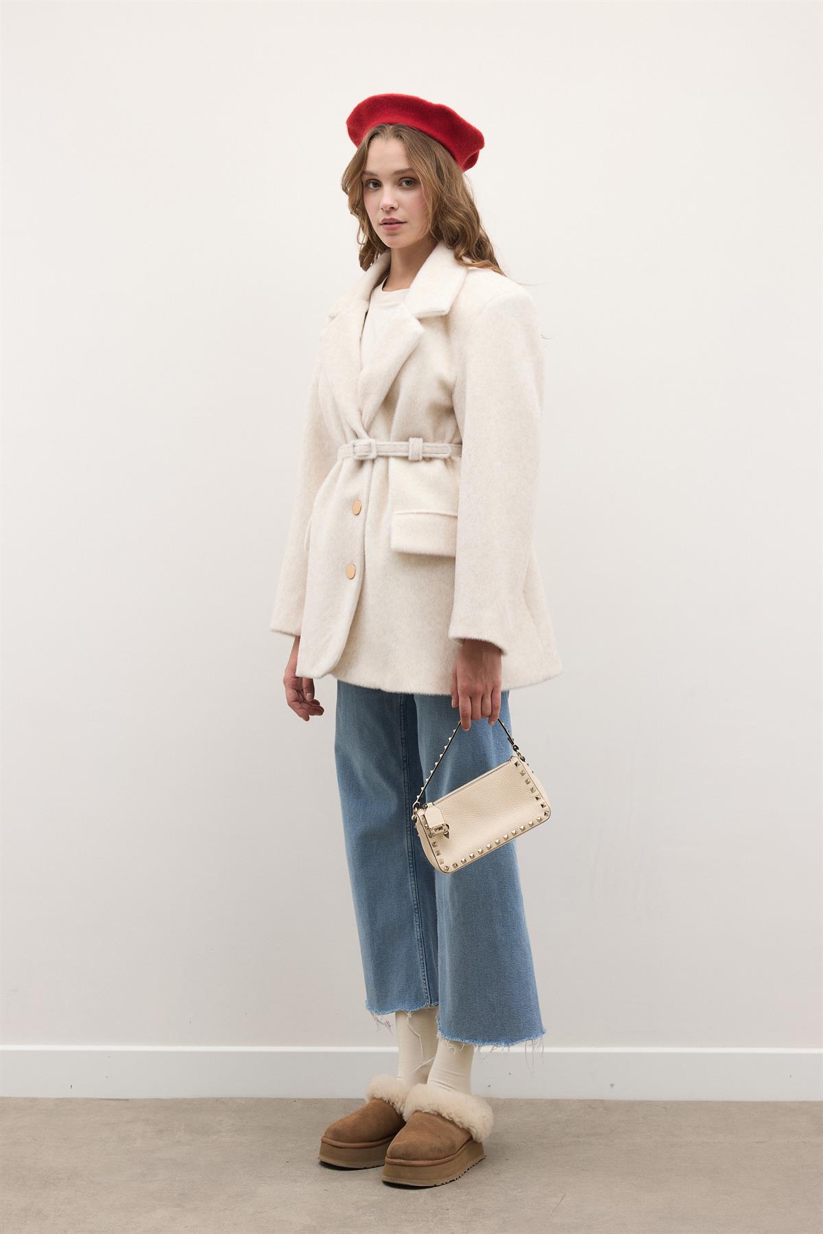 Blazer Goldfox Kemerli Ceket - Ekru