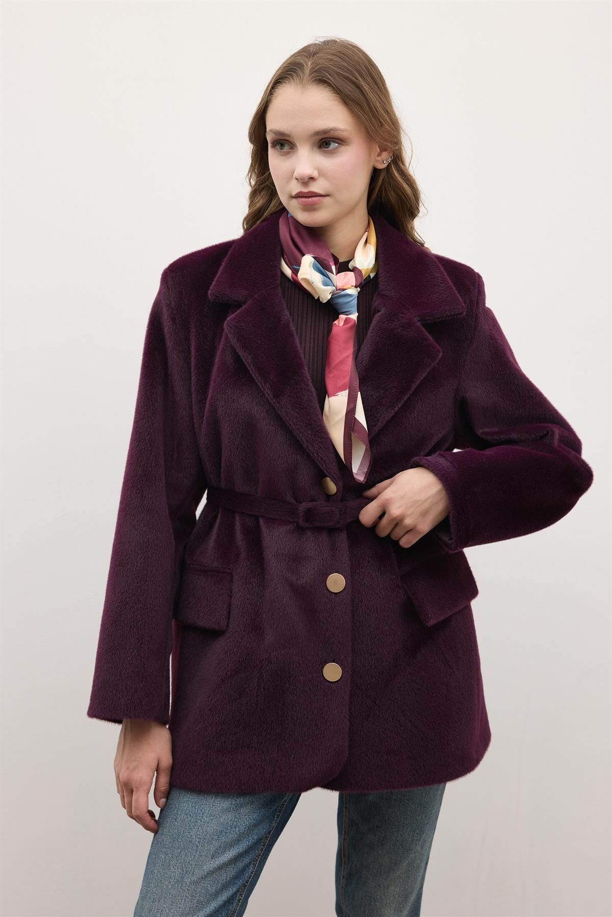 Blazer Goldfox Kemerli Ceket - Mürdüm