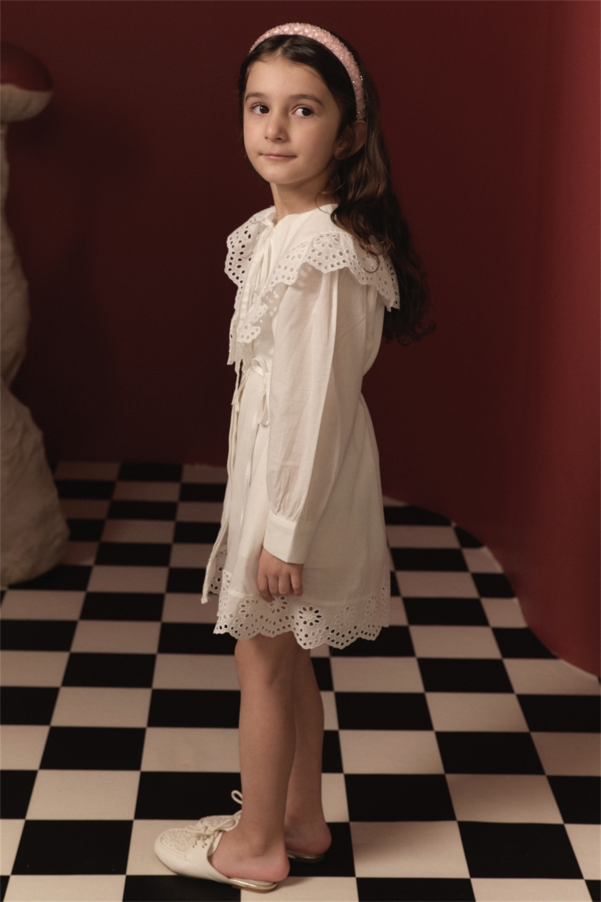 Brode Detay Pamuklu Elbise - Ekru