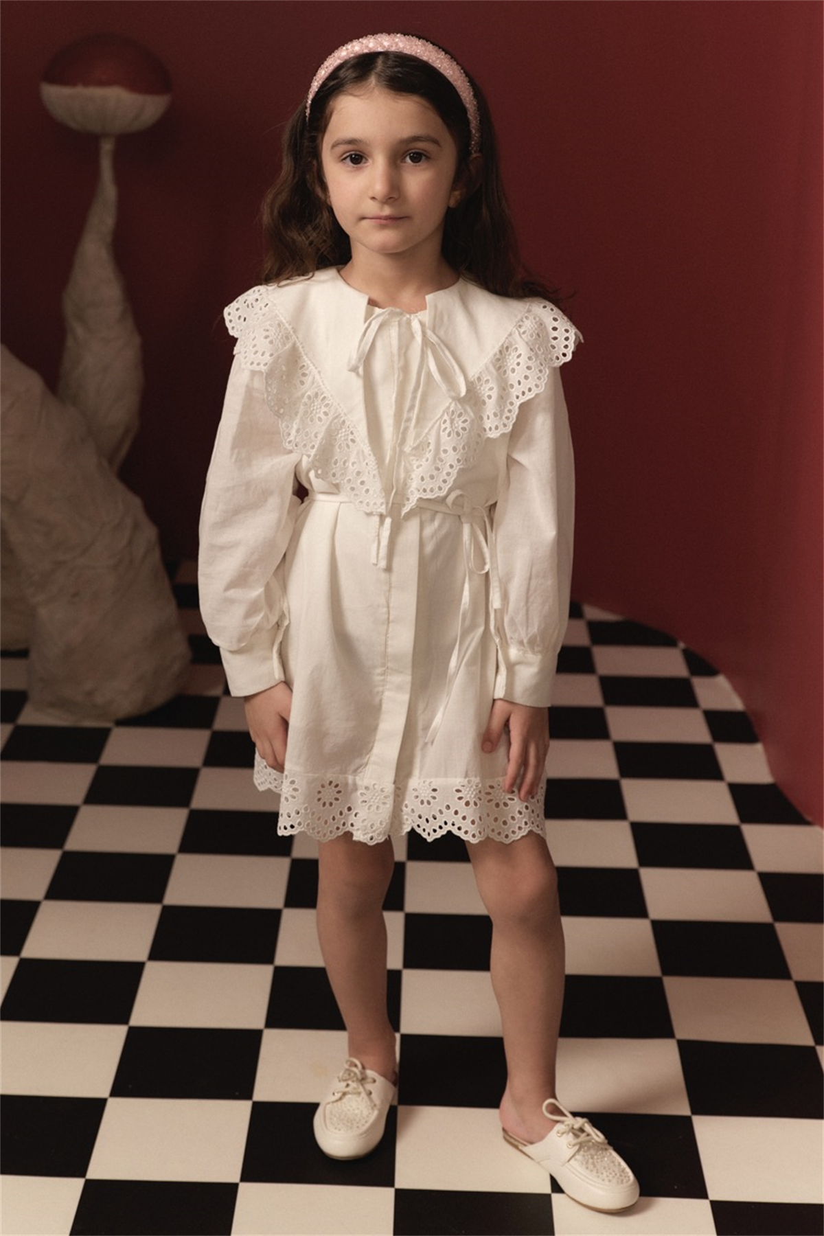 Brode Detay Pamuklu Elbise - Ekru