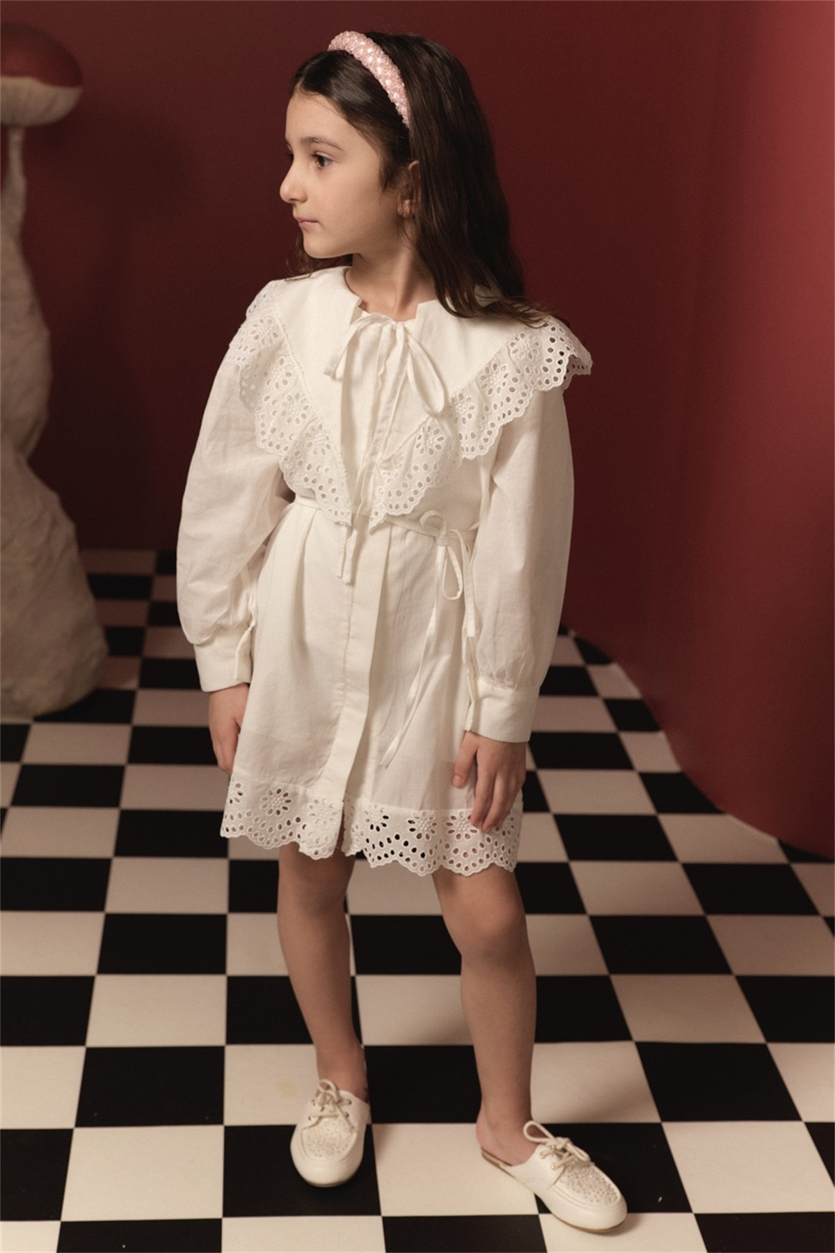 Brode Detay Pamuklu Elbise - Ekru