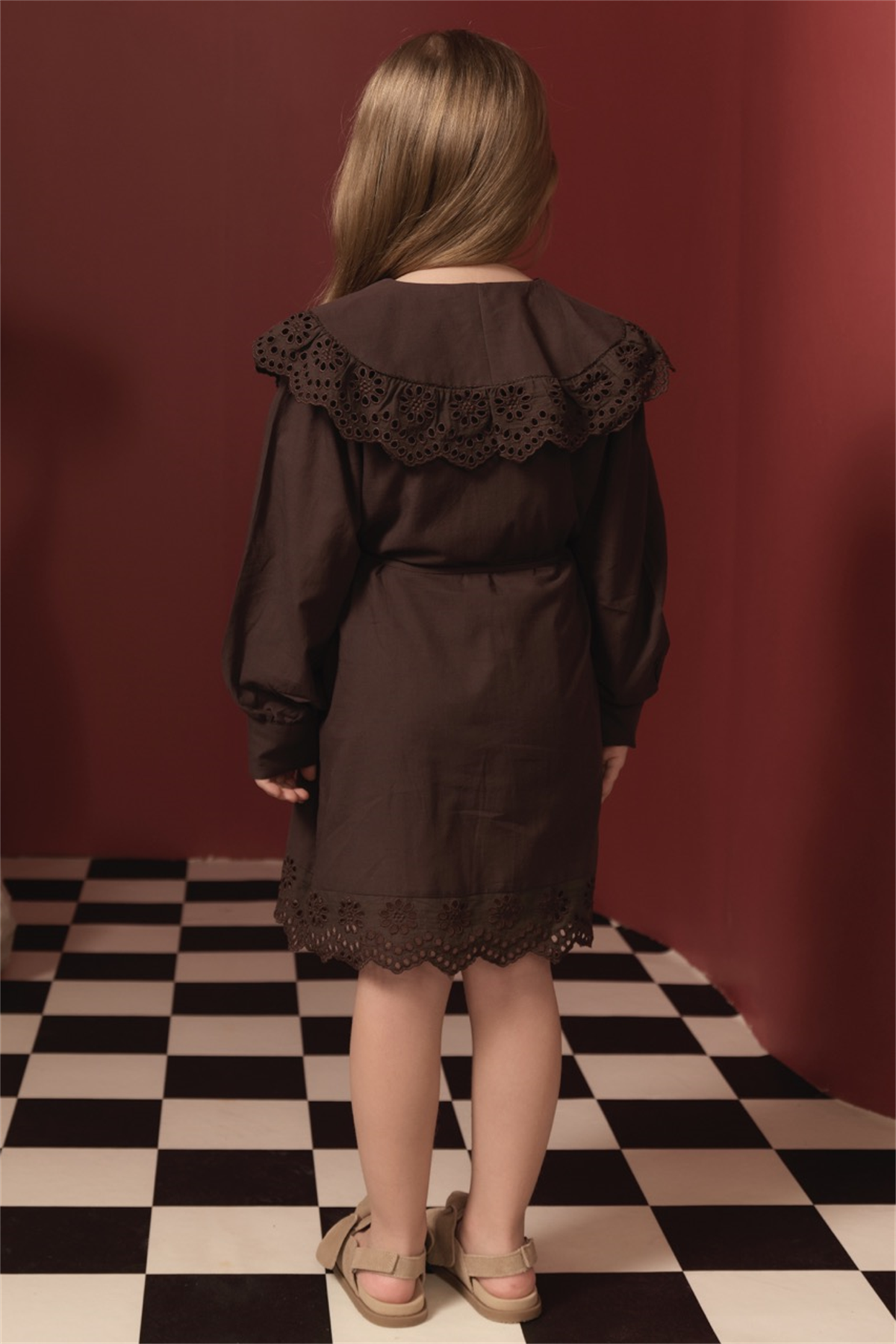 Brode Detay Pamuklu Elbise - Kahve