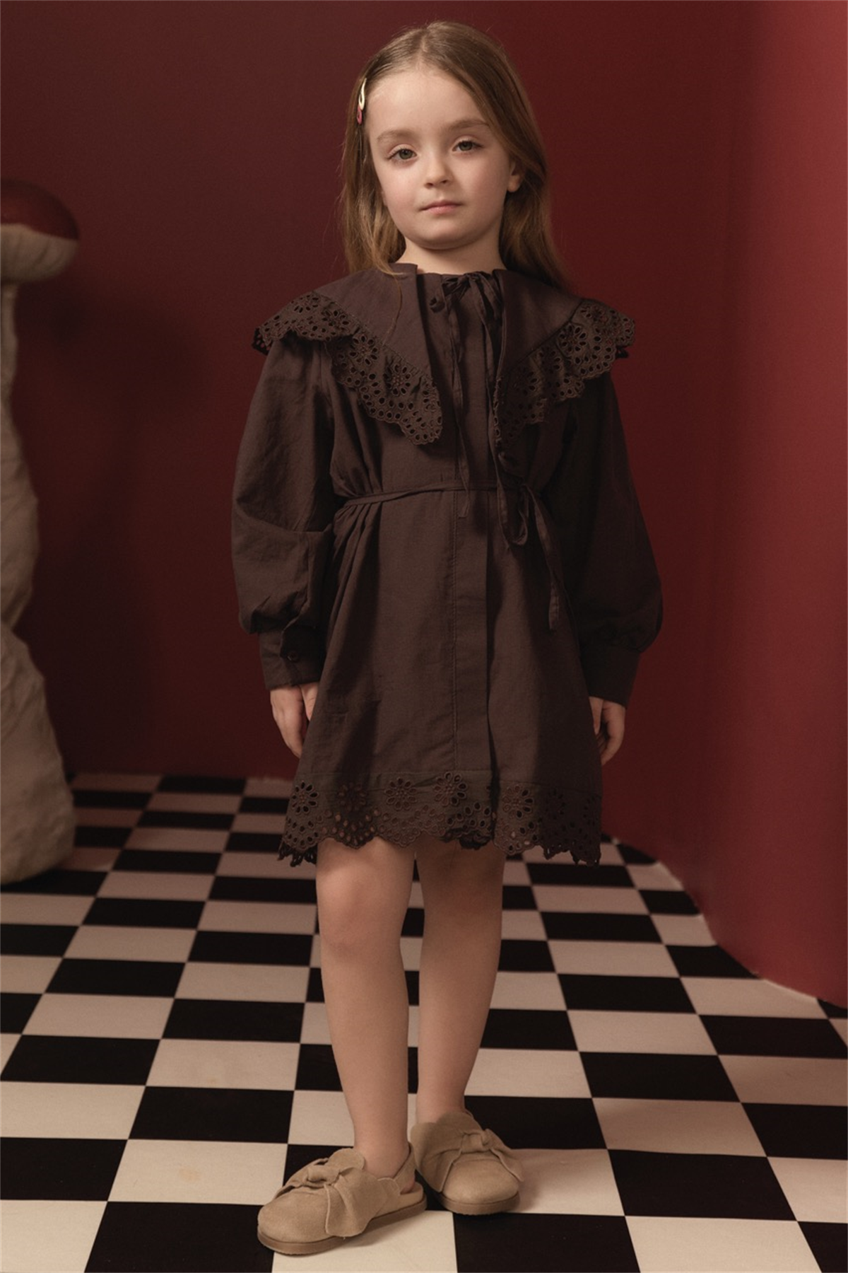 Brode Detay Pamuklu Elbise - Kahve