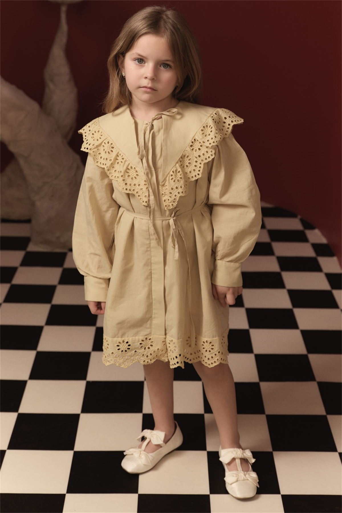 Brode Detay Pamuklu Elbise - Sarı