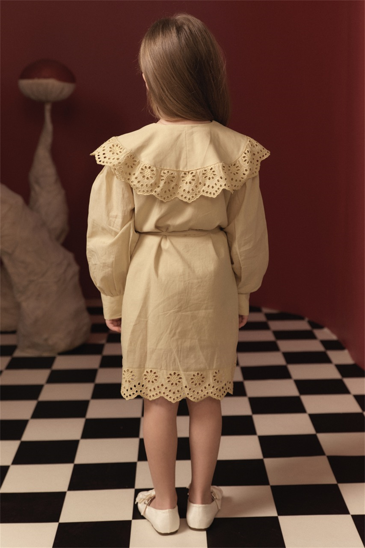 Brode Detay Pamuklu Elbise - Sarı