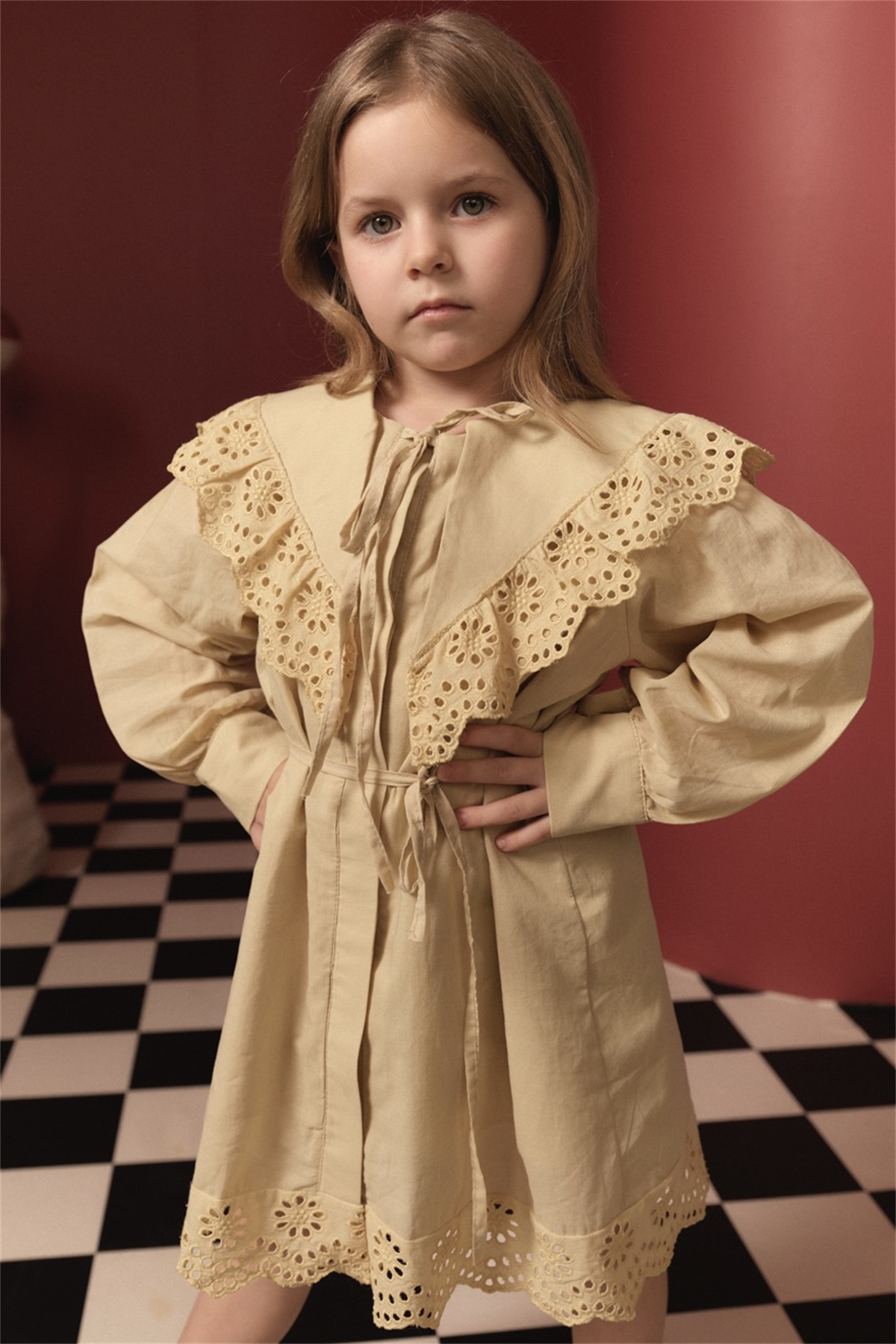 Brode Detay Pamuklu Elbise - Sarı