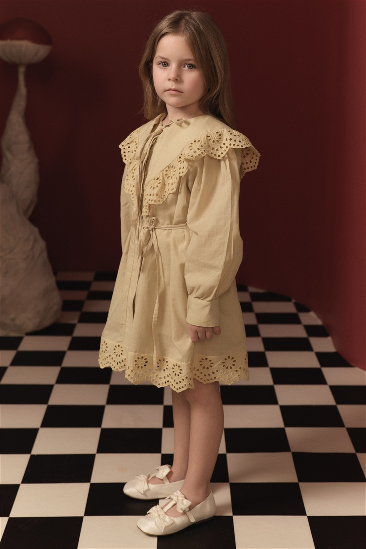 Brode Detay Pamuklu Elbise - Sarı