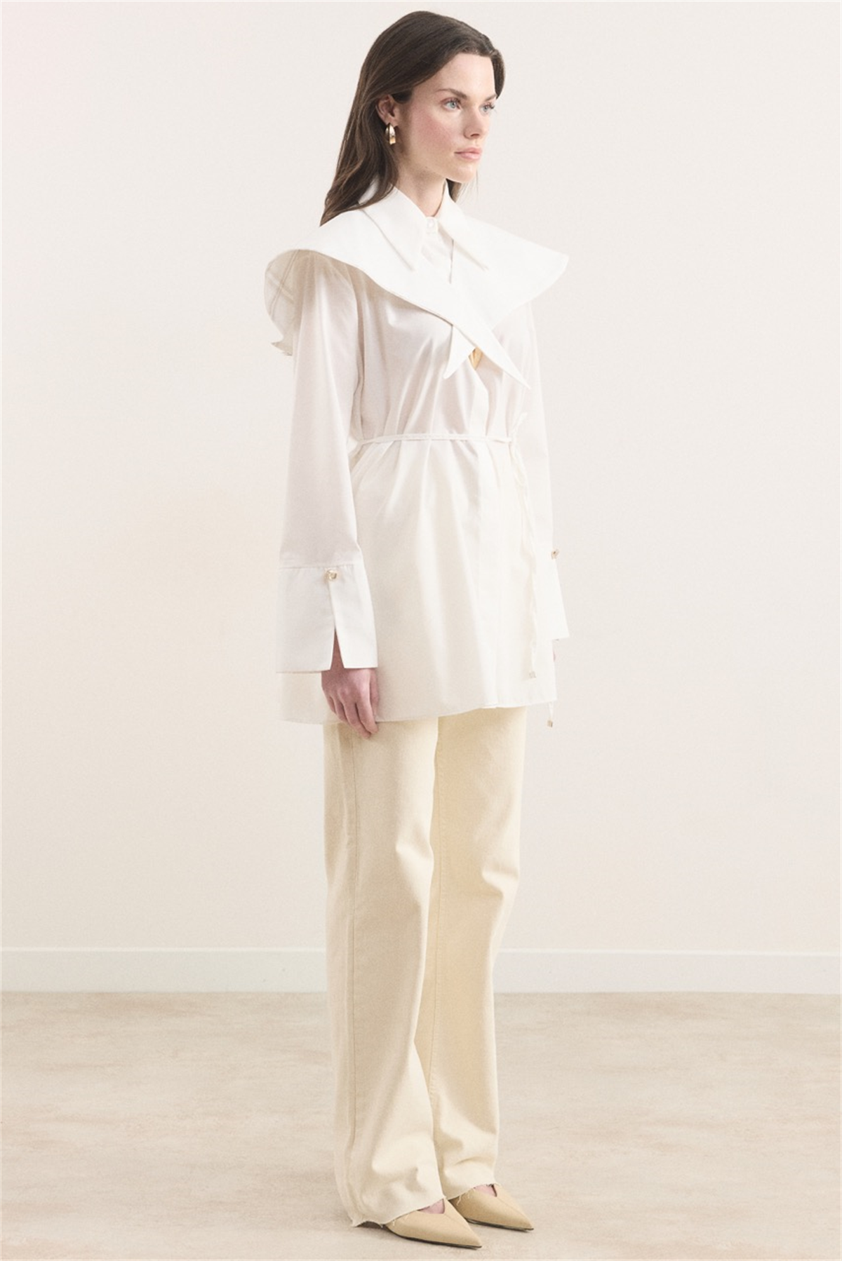 Büyük Yaka Ekose Garnili Dacron Gömlek - Ekru