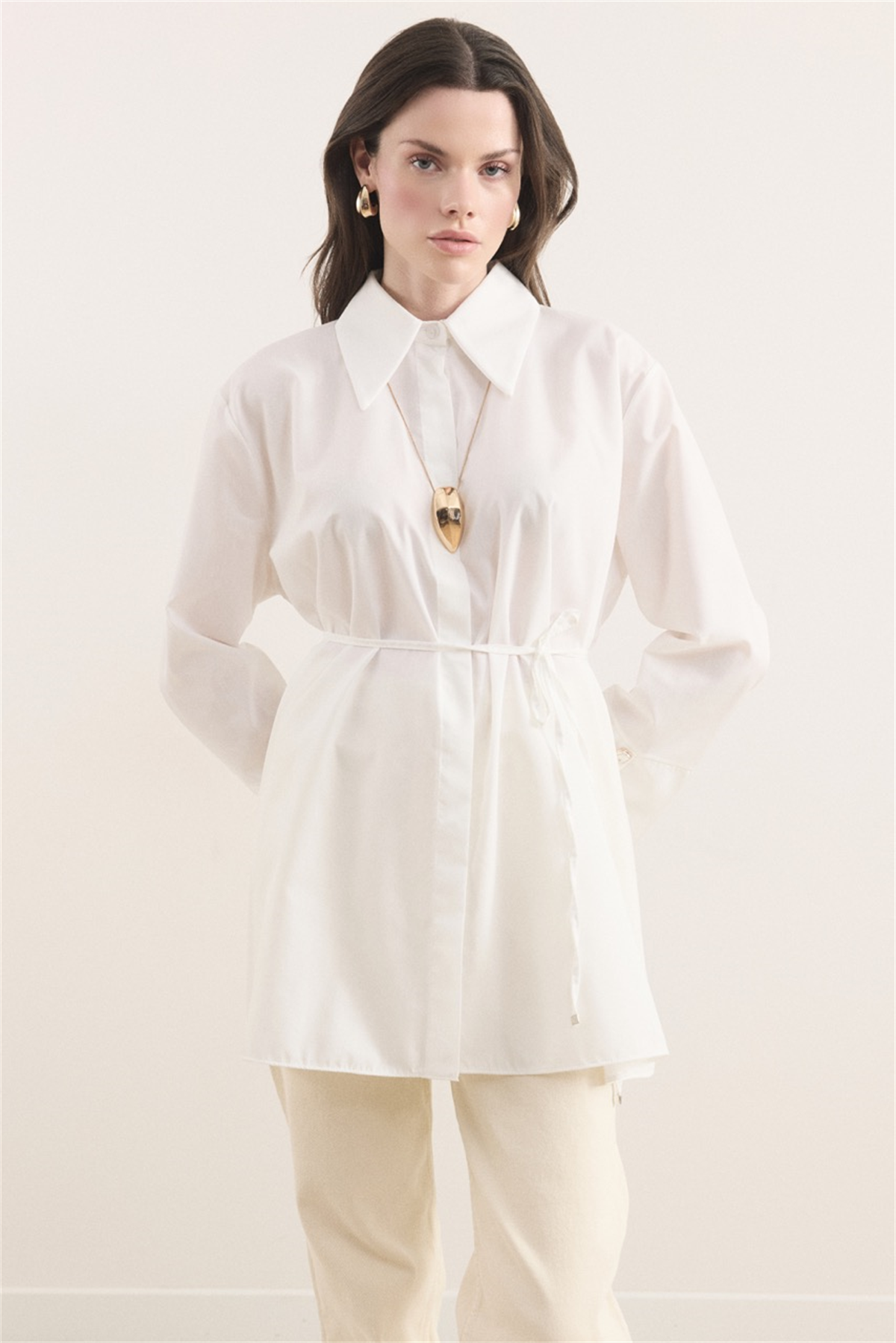 Büyük Yaka Ekose Garnili Dacron Gömlek - Ekru