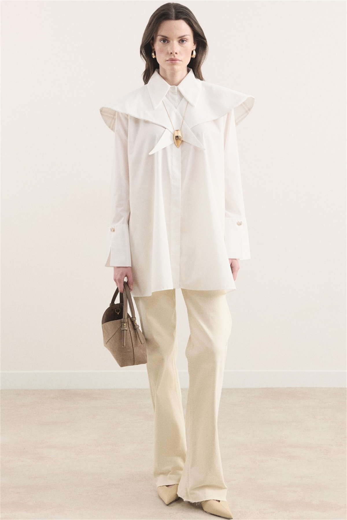 Büyük Yaka Ekose Garnili Dacron Gömlek - Ekru